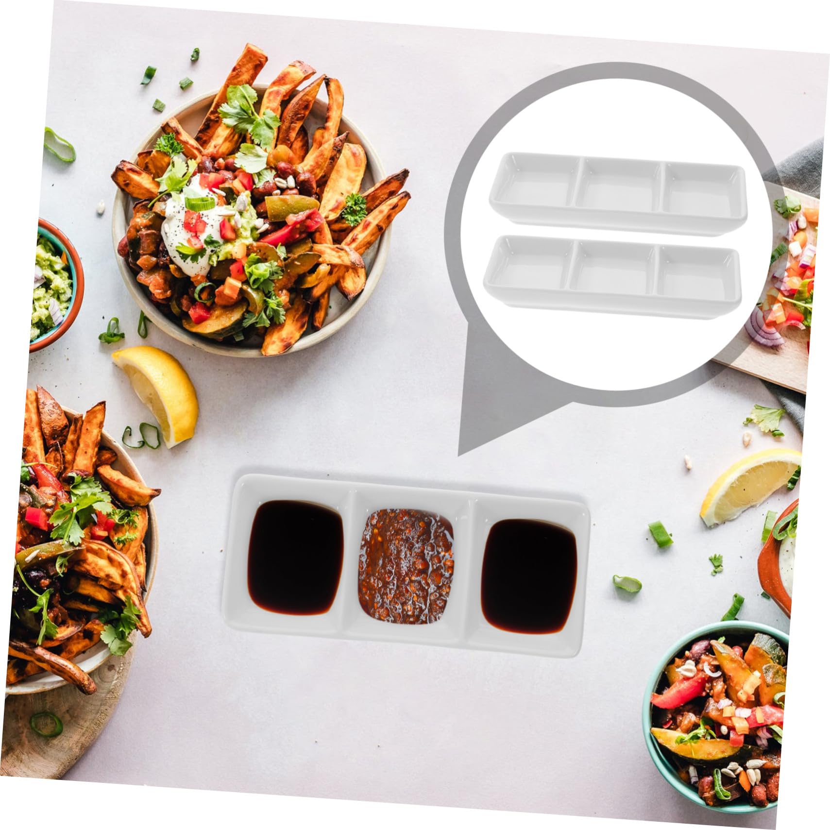 Set 5 Pezzi Piatti in Ceramica Bianca 3 Scomparti per Condimenti e Snack, Portatile per Catering e Tavola da Pranzo