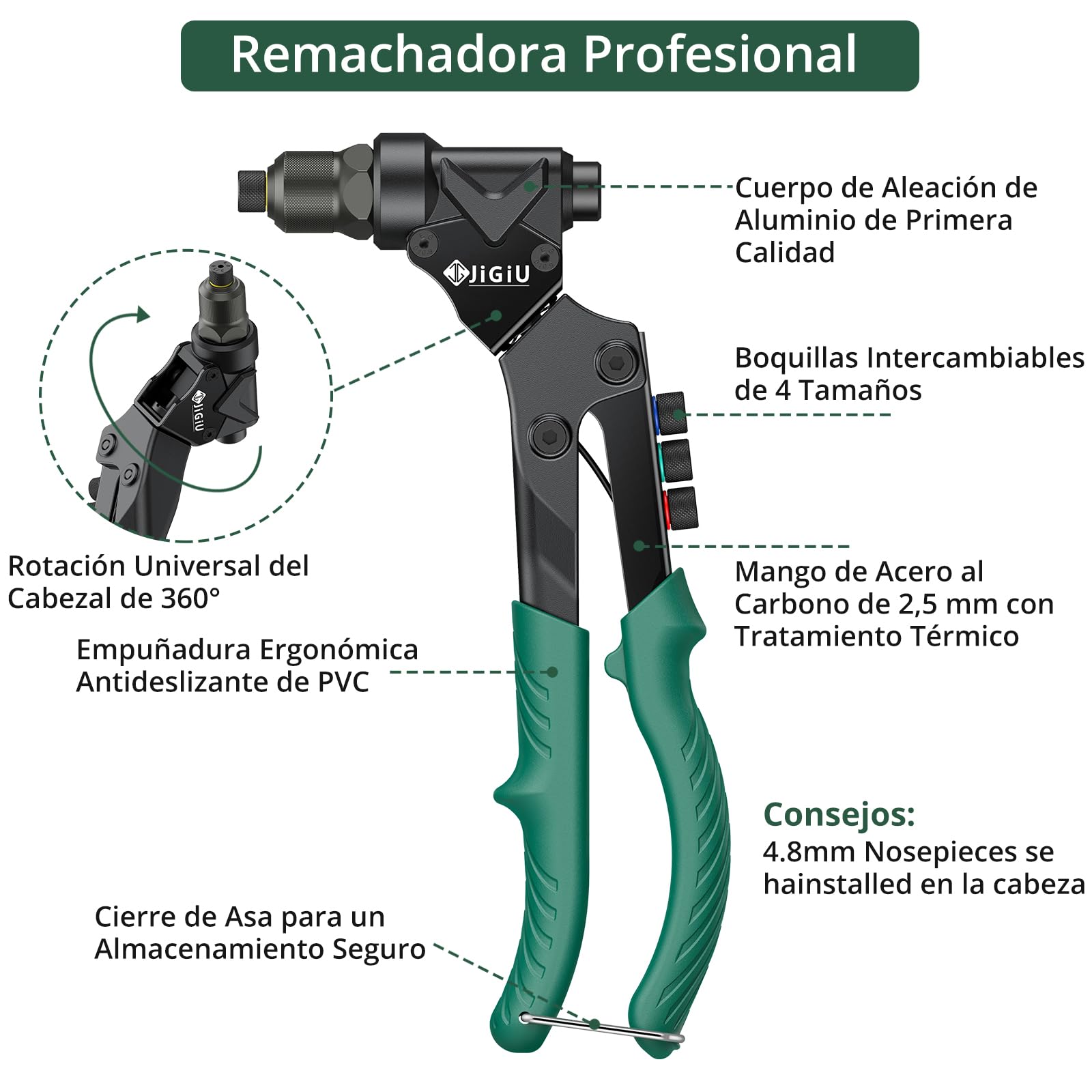 JiGiU 3 en 1 Pistola Remachadora 360°Remachadora de Tuercas y Alicates para Remaches con 4 Mandriles M3 M4 M5 M6,4 Boquillas de 2.4mm 3.2mm 4.0mm 4.8 mm (con 40 Tuercas de Remache y 40 Remaches)