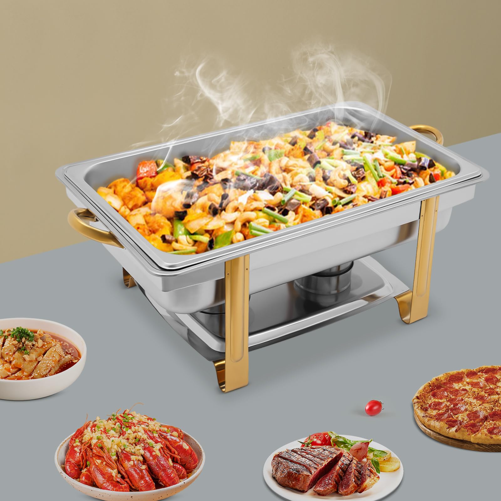 Chafing Dish - Scaldavivande in acciaio inox, 9 l, professionale, con coperchio, per buffet, catering, buffet e feste