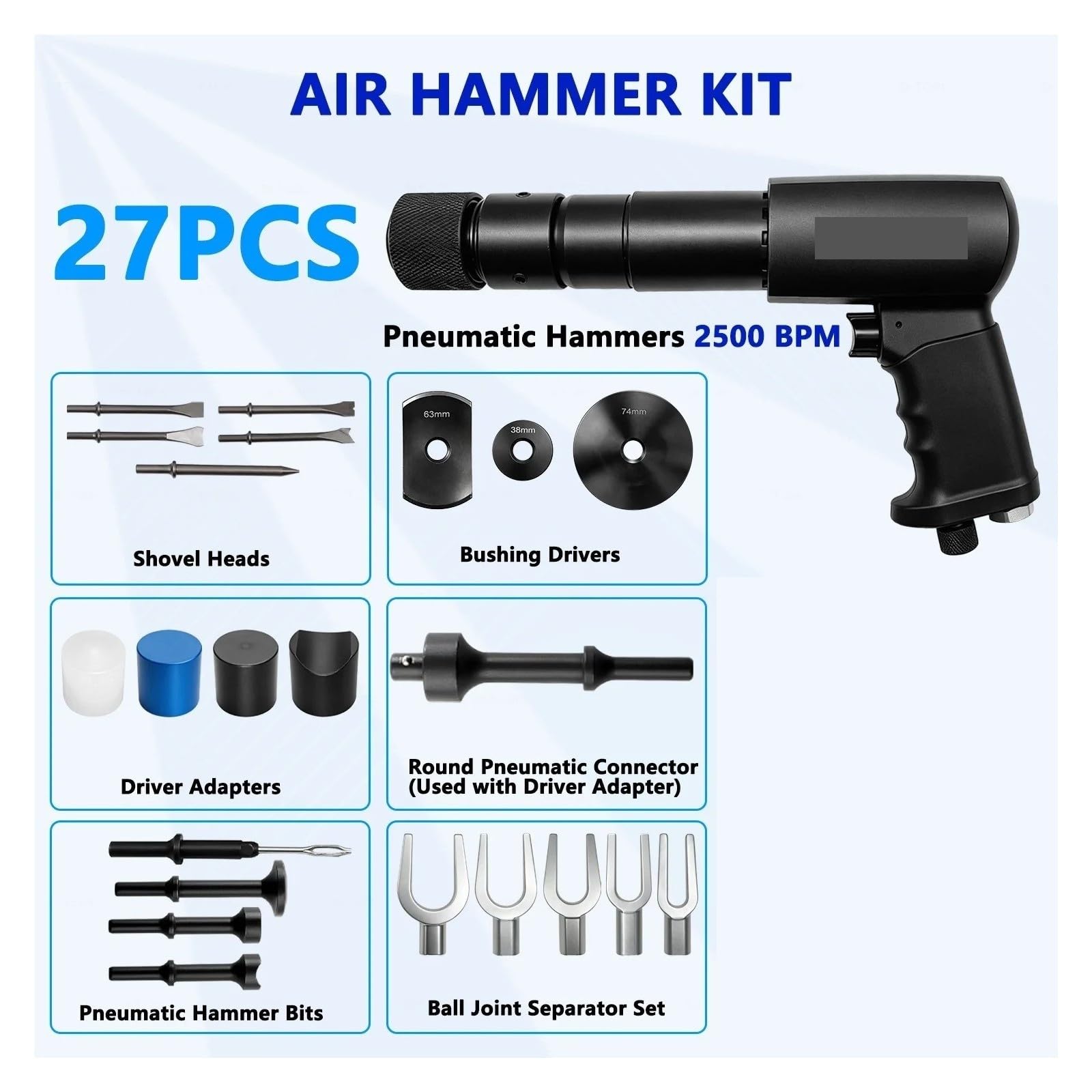 Kit martello pneumatico da 27 pezzi, set di scalpelli pneumatici professionali 2500 BPM per impieghi gravosi,Strumento affidabile