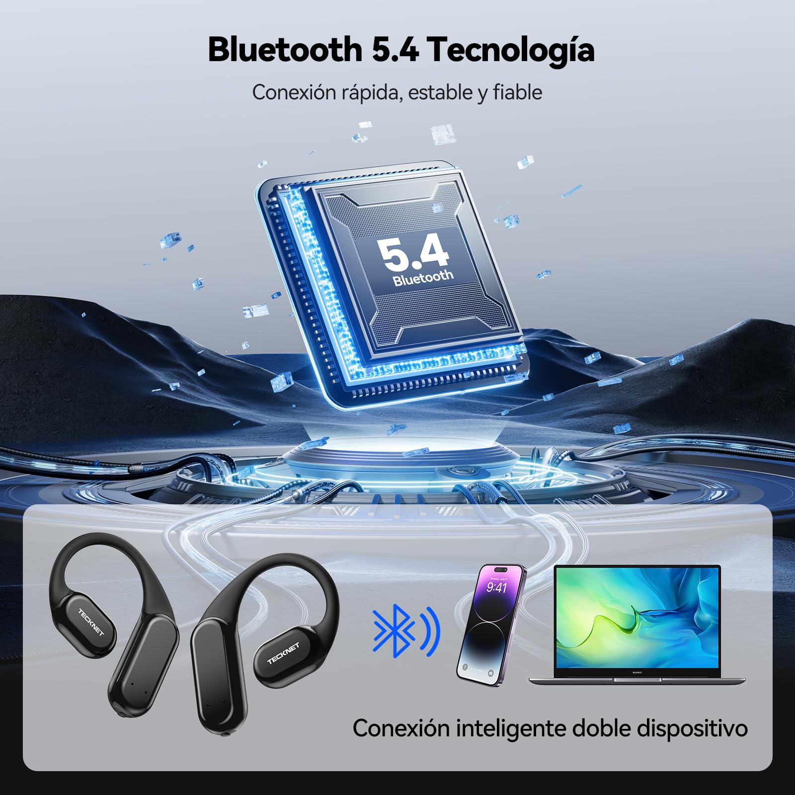 TECKNET Auriculares Conduccion Osea, Auriculares Inalambricos Bluetooth | 60H de Autonomía con Carga Rápida, Clasificación de Impermeabilidad IP68, Auriculares Inalambricos Deportivos Ligeros.