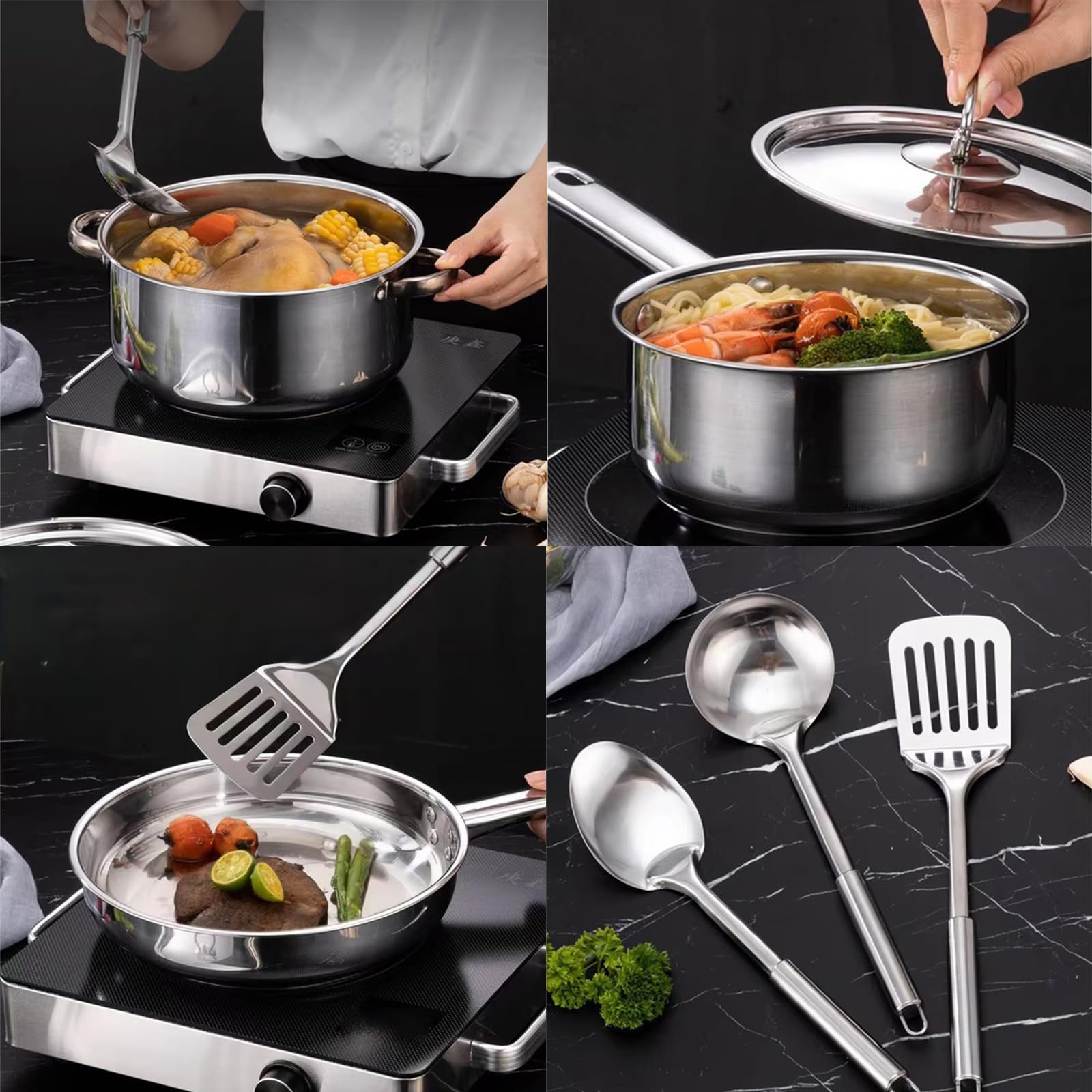 Set di Pentole da 15 Pezzi in Acciaio Inox Batteria di Pentole Non Rivestita Anti-Scaldatura Maniglie con Coperchio 3 Utili Utensili per Tutti I Piani Cottura Argento