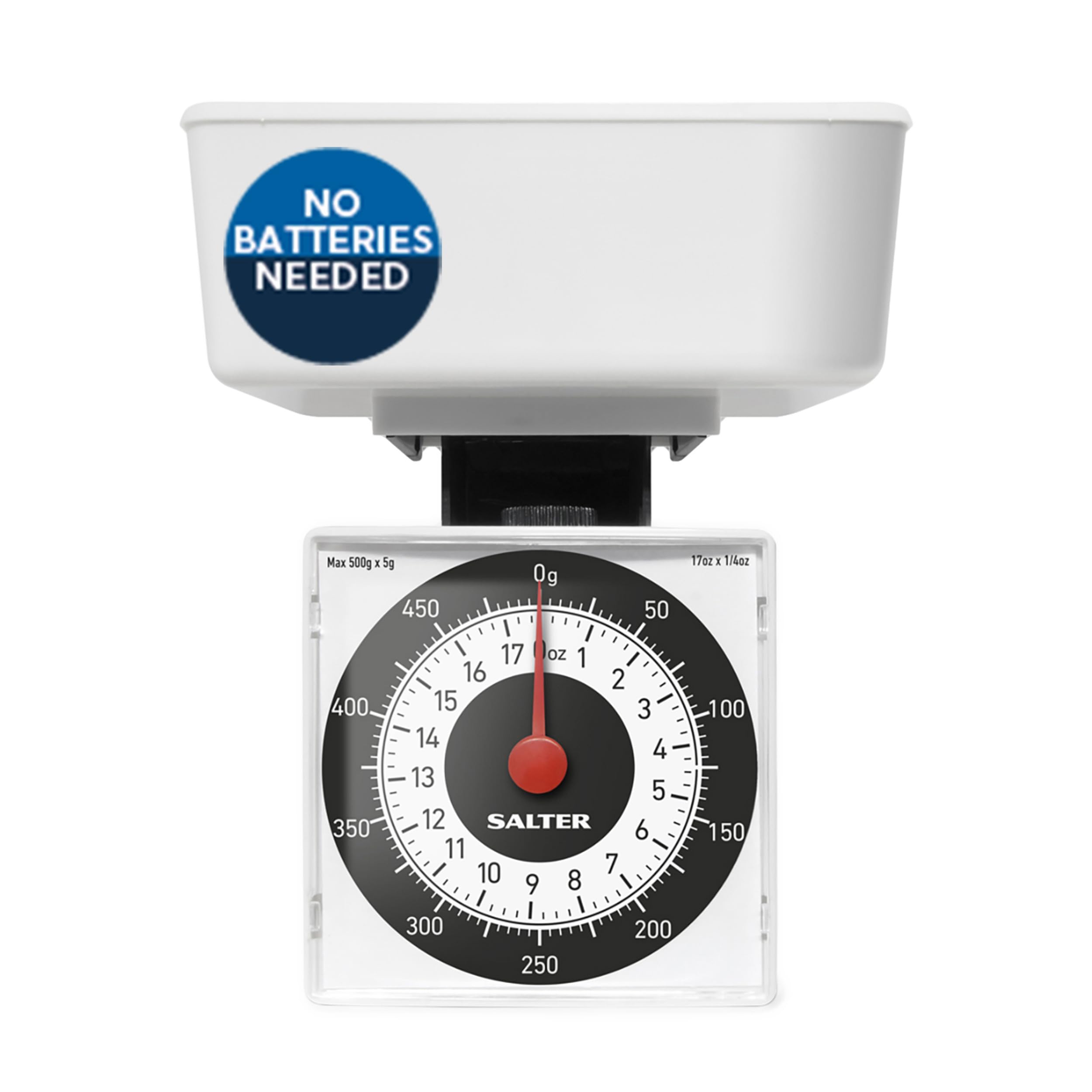 Salter 022 WHDR Dietetyczna mechaniczna waga kuchenna, kompaktowa waga podrózna, zakres do 500 g, dokladnosc do 5 g, precyzyjne odmierzanie porcji, nie wymaga baterii, biala, 15-letnia gwarancja