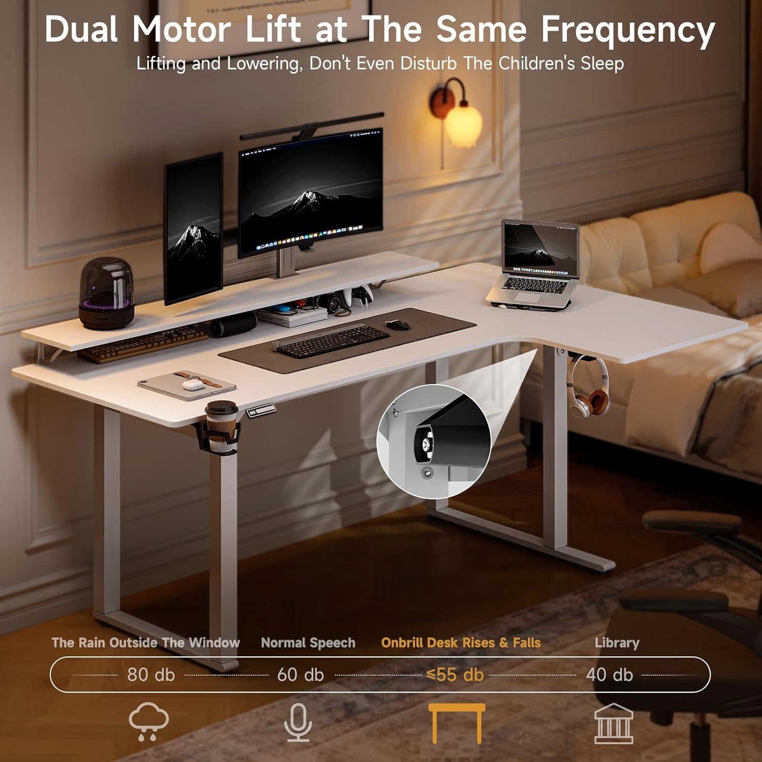 L Shaped Electric Standing Desk, 71x43'' Computer Desks with 2 Monitor Shelves, Dual Motor and Memory Controller, Gaming Corner Desk Adjustable Height from 28-46'' for Home Office Workstation, White - Image 5