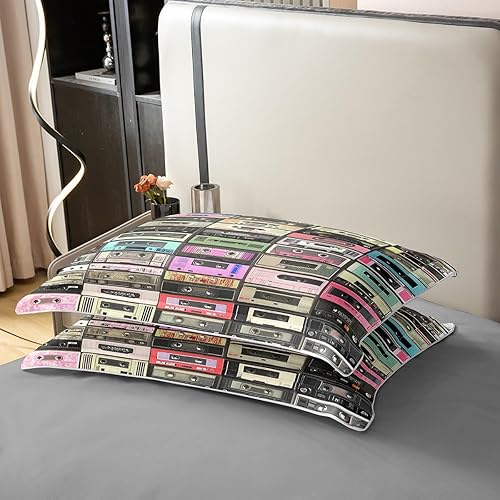 Miniatura 5 de Juego de ropa de cama de cinta musical retro, tamaño matrimonial, radios vintage, 100% algodón, funda de edredón de casete de audio de los años 80,