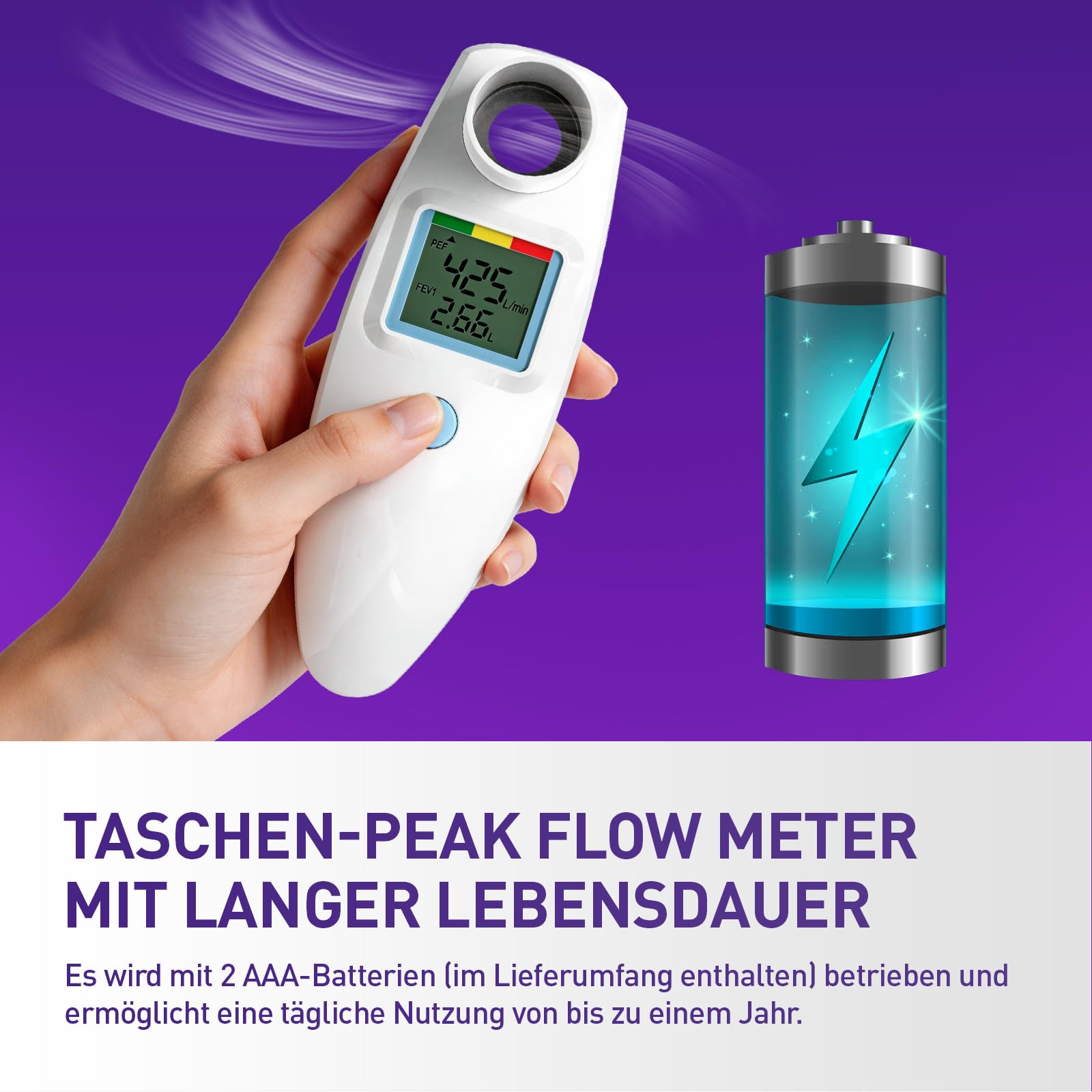 Peak Flow Meter, Kein Bluetooth, für Asthma COPD, PEF & FEV1, Risikoanzeige | LCD-Display, zur Überwachung der Lungenfunktion, Papier Tagebuch Formular, AAA-Batterien betriebe, Digitales Spirometer