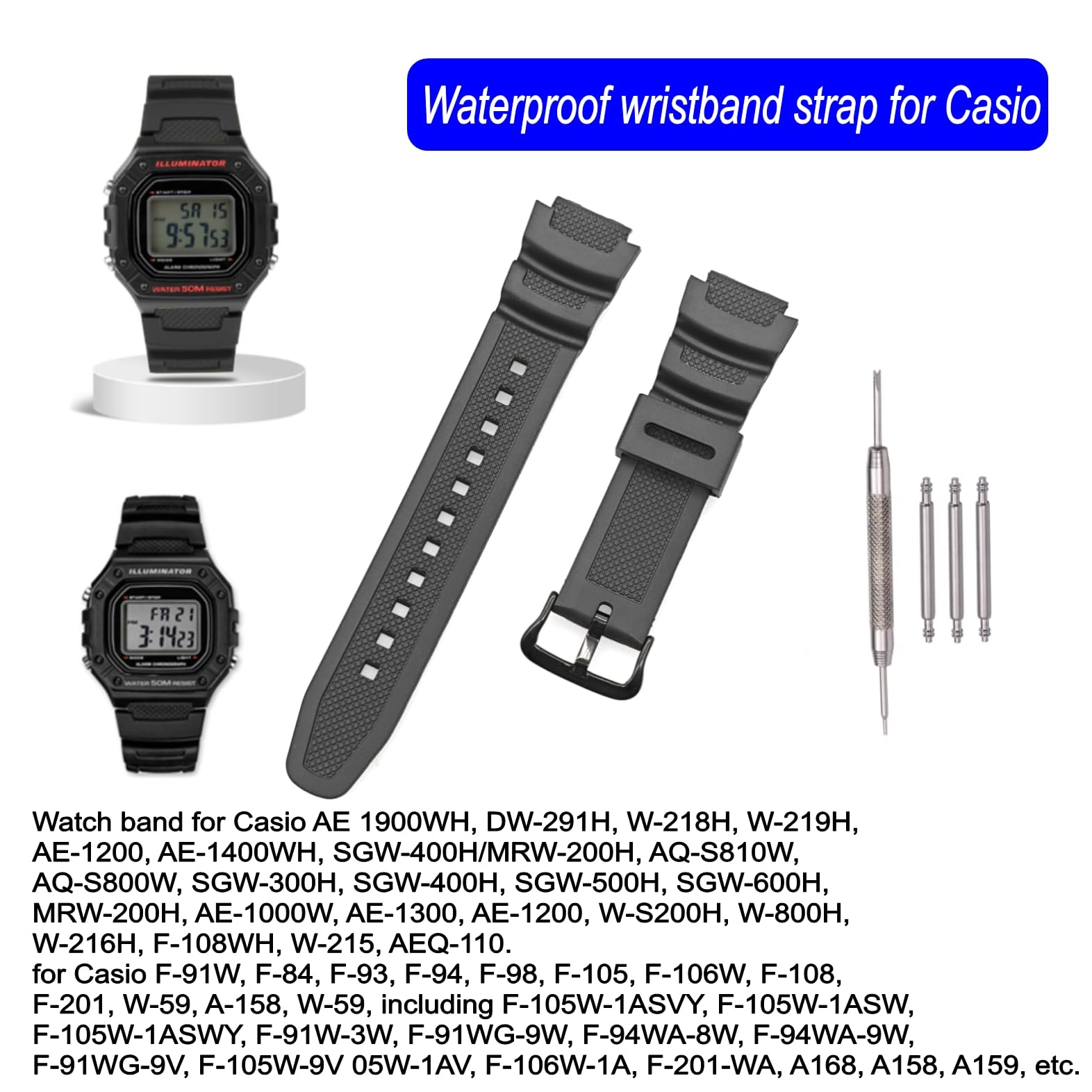 Casio AE-1300 AE-1200 SGW-300H SGW-400H SGW-500H W-218H W-219H MRW-200H Correa repuesto caucho negro 18mm impermeable