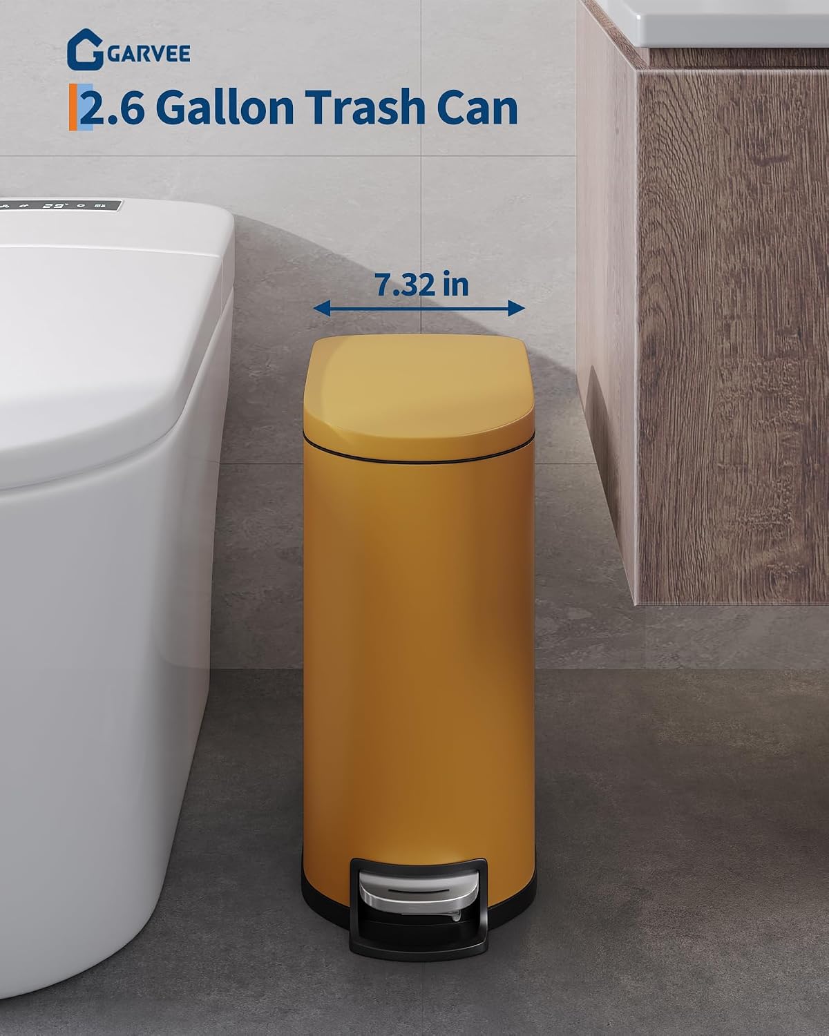 OUTLANE 2.6 Gal / 10L Stainless Steel Kitchen Trash Can, Slim Step-On Garbage Bin with Soft Close Lid, Step-On Pedal, Removable Inner Bucket for Bathroom & Bedroom, Yellow