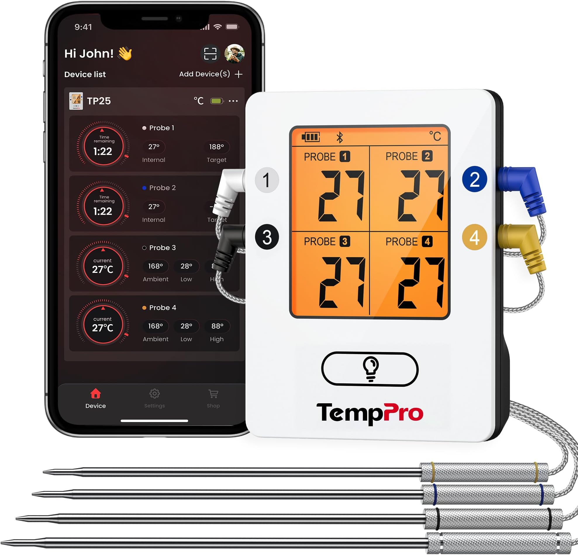 ThermoPro TempPro TP25 Bluetooth Meat Thermometer with 4 Temperature Probes Smart Wireless Digital Cooking Food Barbecue for Grilling Smart Oven Thermometer Rechargeable Smoker