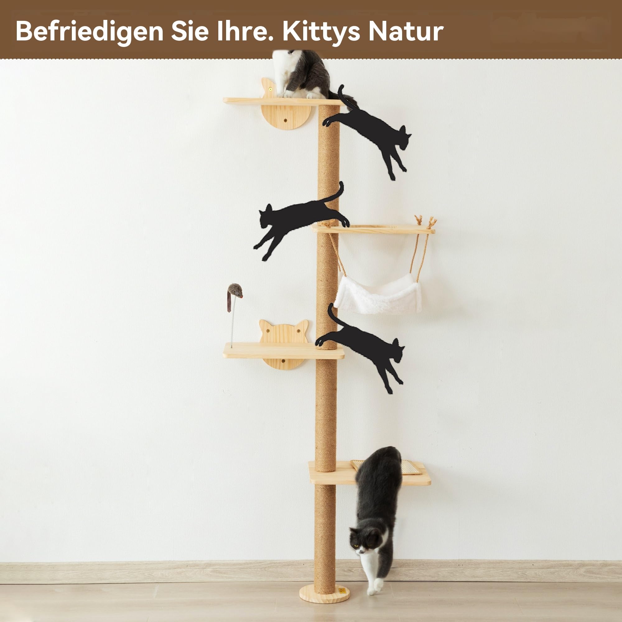 Kratzbaum für Katzen Wand Klettern 4 Etagen Katzenturm(176 cm) aus Natürliches Kiefernholz Katzenregal mit Hängematte und Sisal-Kratzmatte Federnde Spielmaus Kletterwand für Wohnungskatzen