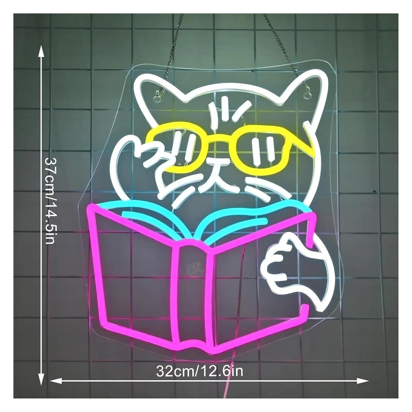 Generico Insegna al neon con gatto che legge un libro, luce dimmerabile per biblioteca, aula, 32 cm x 37