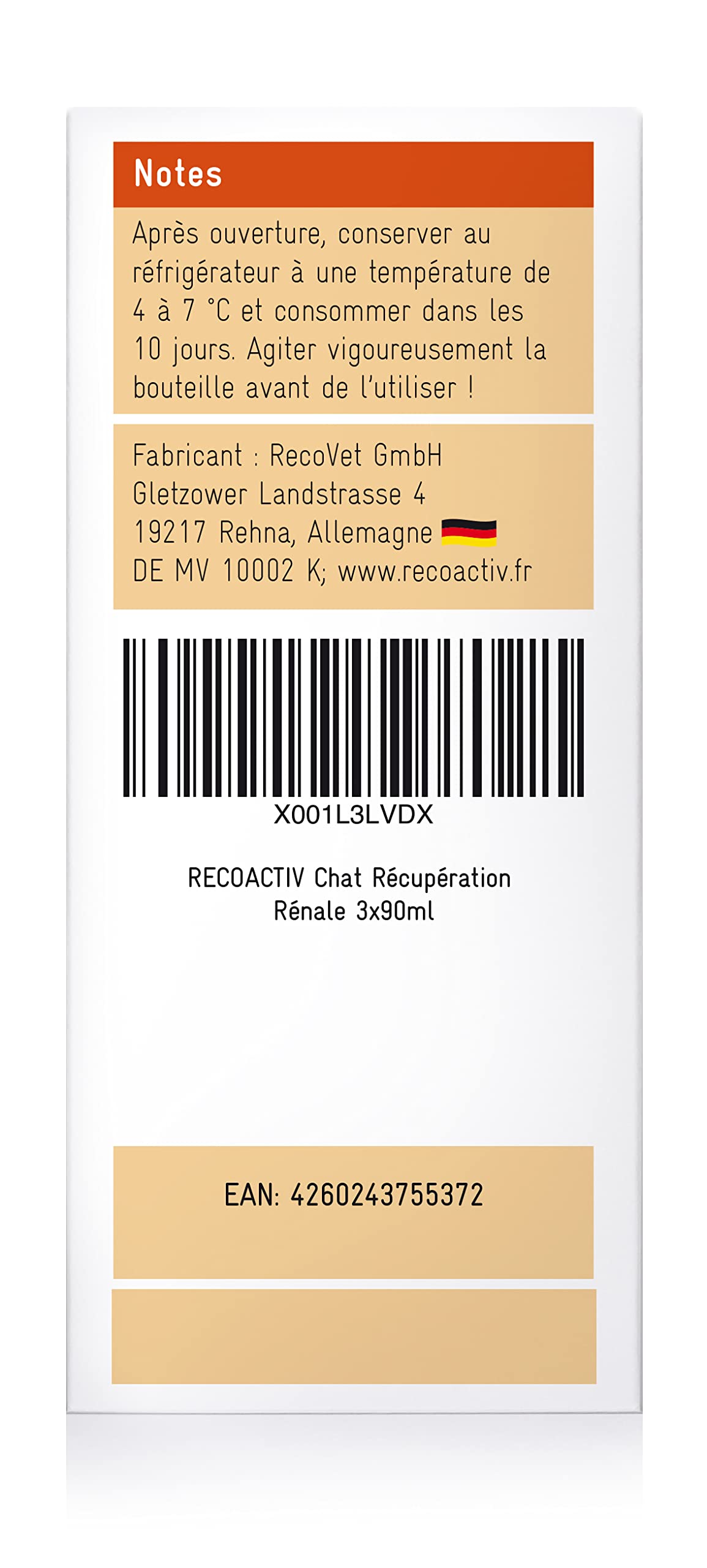 RECOACTIV Recovery Renal pour Chats, 3 x 90 ML, Aliment diététique Complet à Haute teneur en Calories pour Le Dysfonctionnement rénal et l'augmentation des Besoins énergétiques