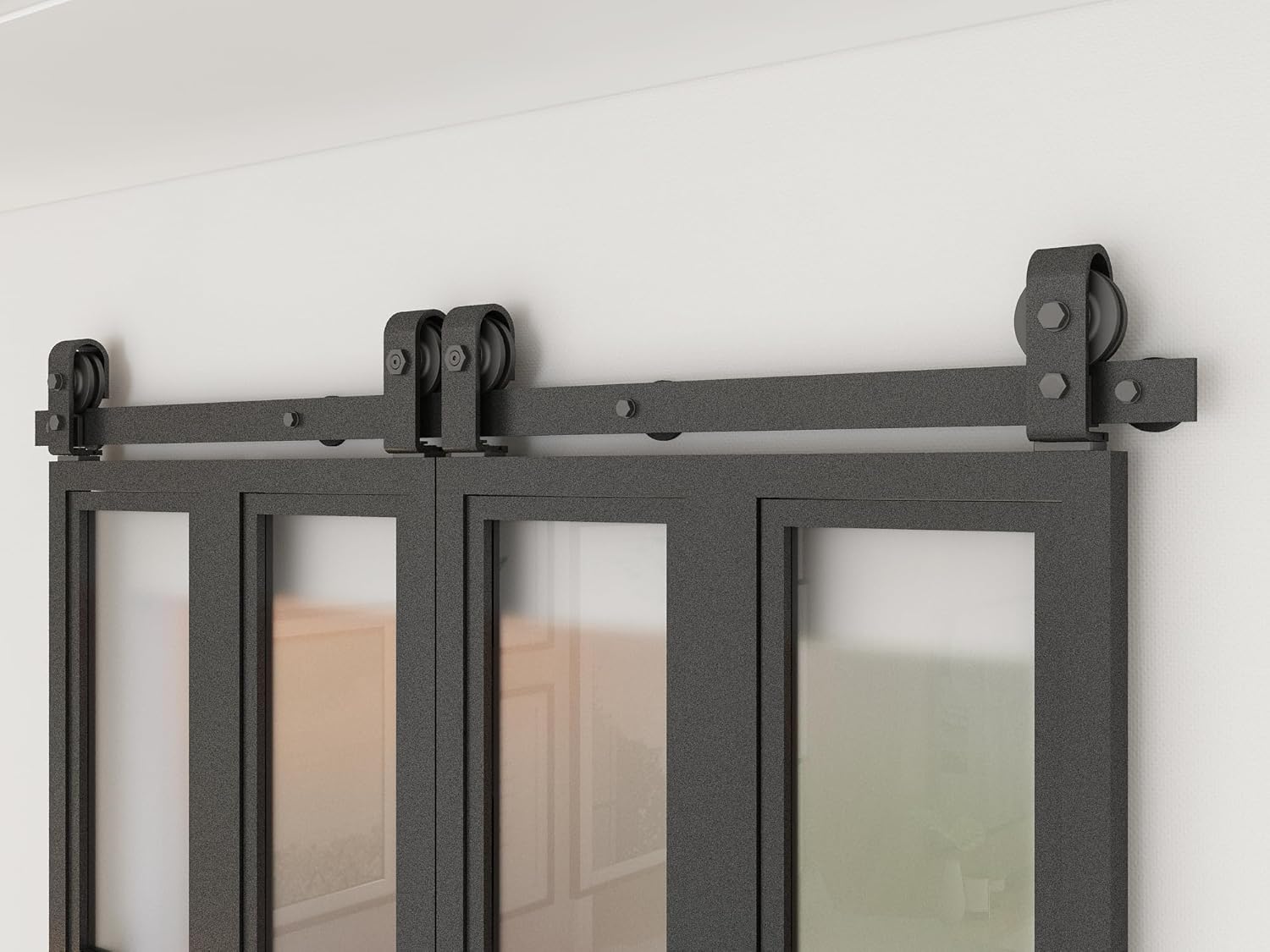 48 in. x 84 in. 3/4 Lites Frosted Glass Black Steel Frame Double Bi-Fold Barn Doors with Hardware Kit and Door Handle