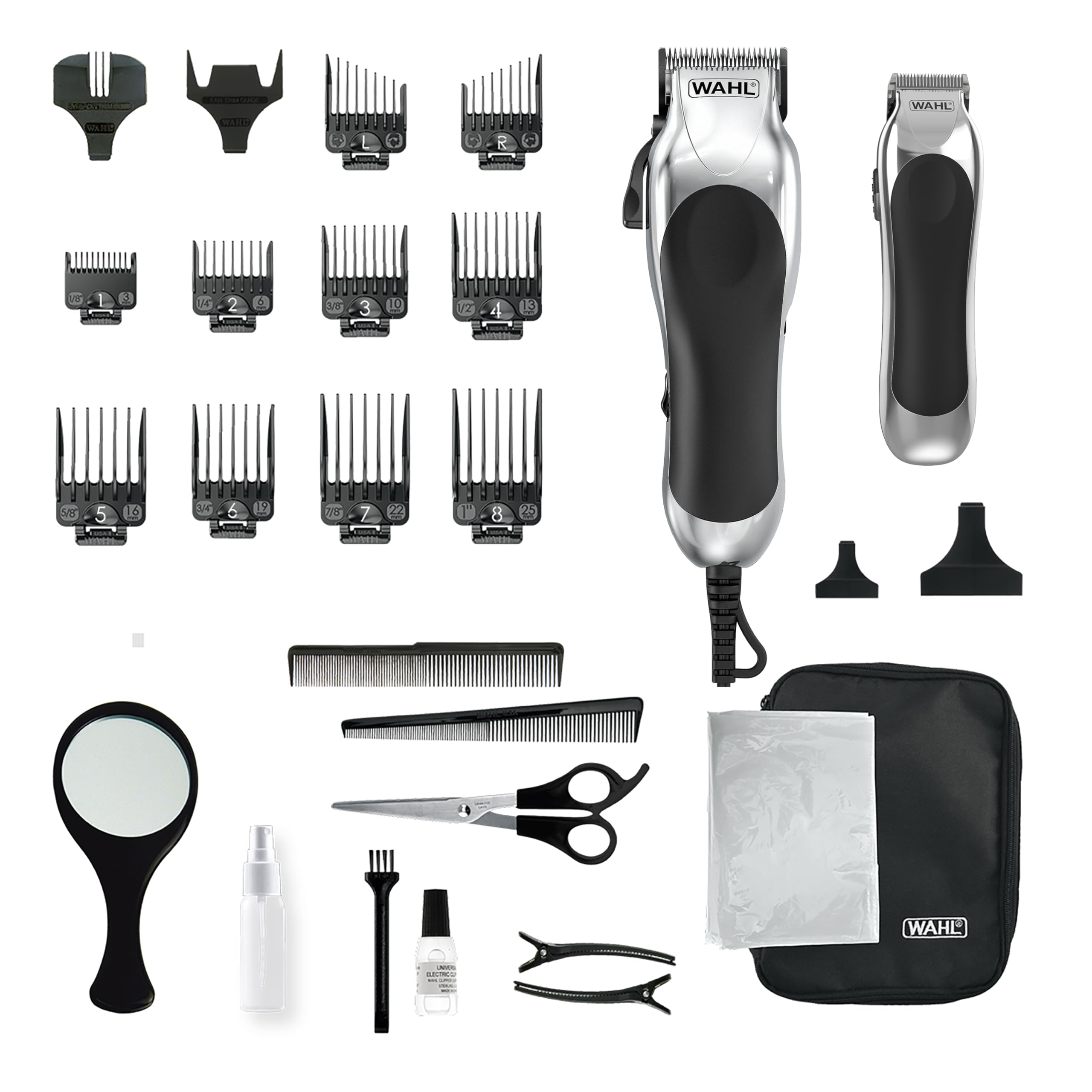 WAHL Chrome Pro Deluxe cortadora de pelo eléctrica con cable y palanca de ajuste, kit completo con recortadora a pilas, capa, espejo, tijeras, 10 peines guía, pinzas para el pelo