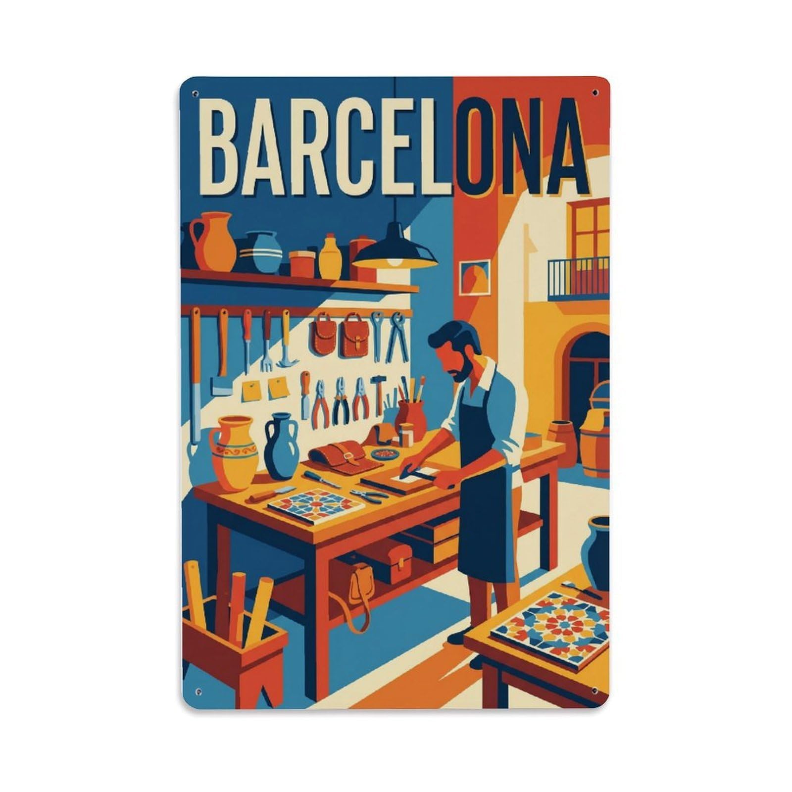 Vintage Travel Workshop Spain Artisan Metal Tin Sign Plaque Wall Decor for Cafe, Club Bar, Office, Home Garden Metal Poster 8x12Inch