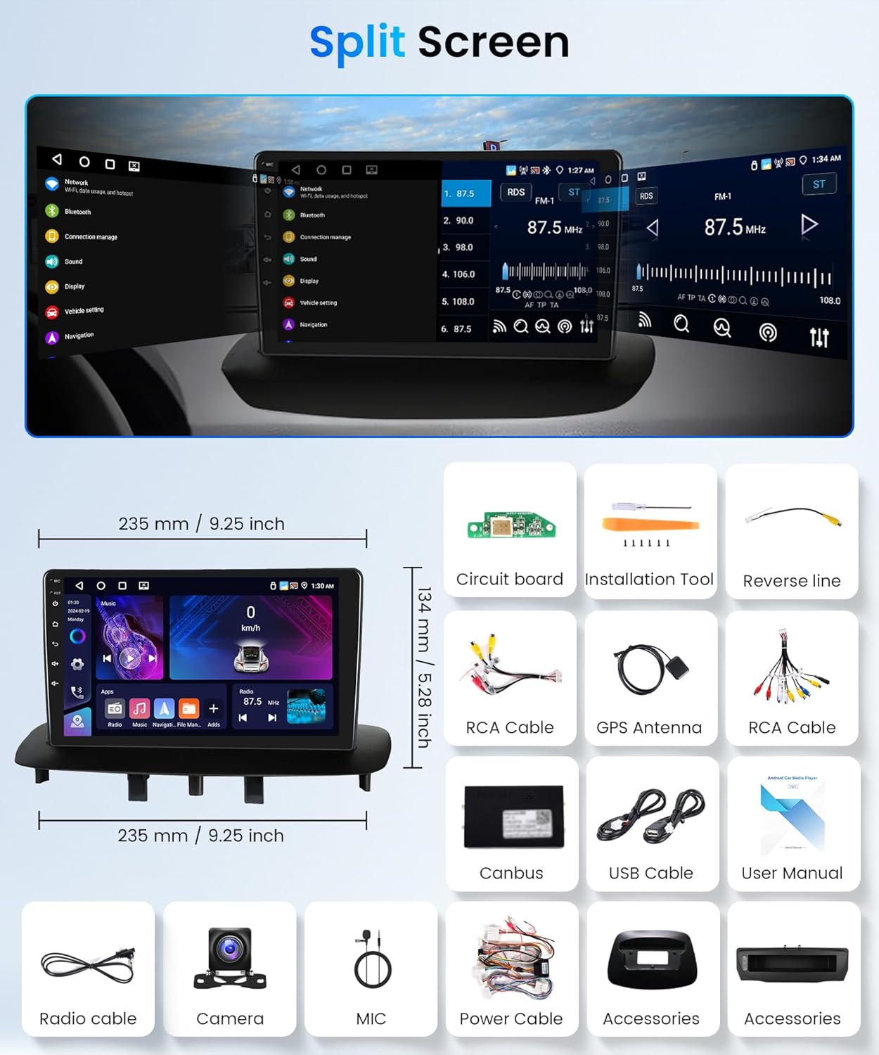 Diagram showing all included components and product dimensions