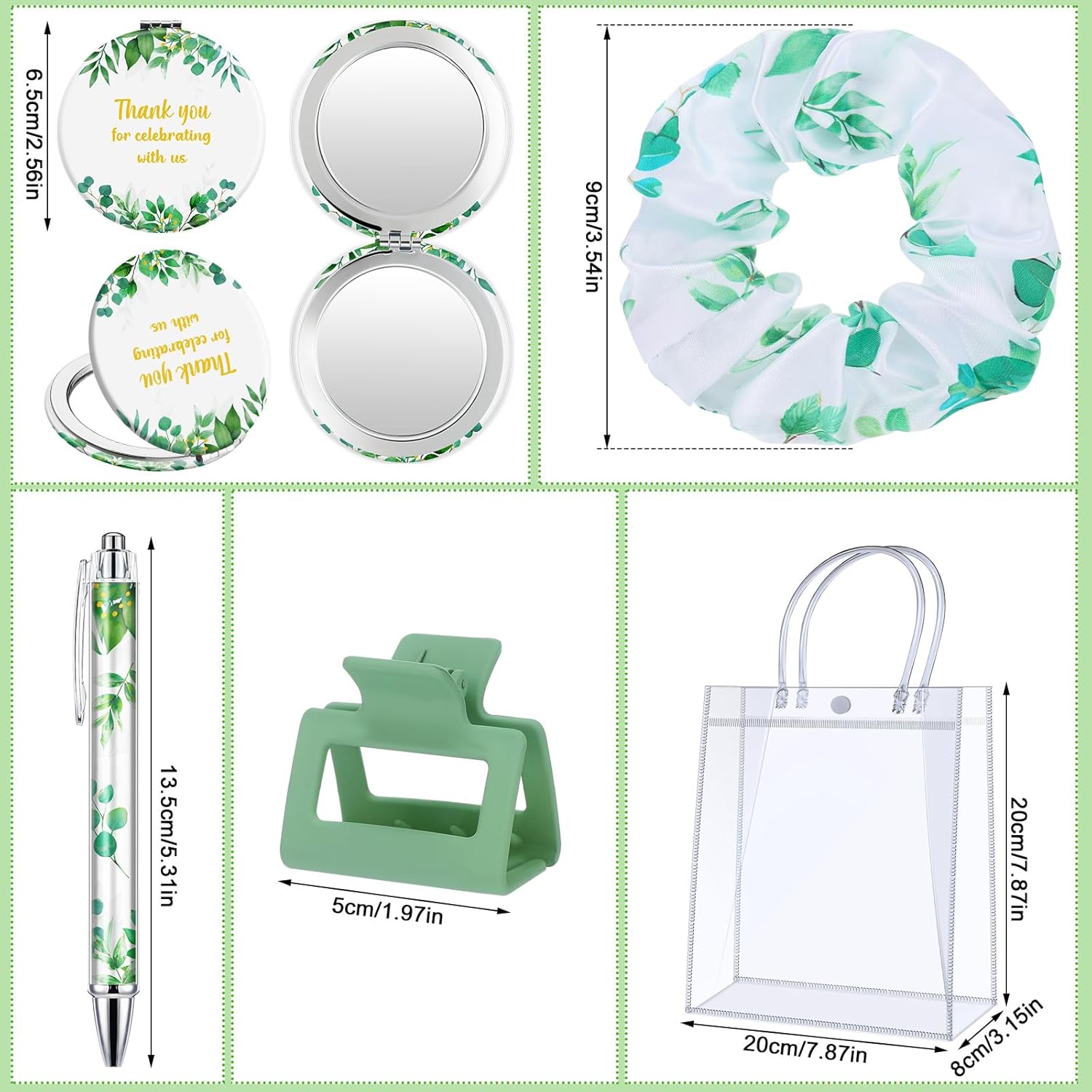 Boao 6 Set Baby Shower Game Prizes for Player Winners Tumblers with Lids Straws Mirrors Hair Scrunchies Pens Hair Clips Gift Bags for Baby Bridal Shower Wedding Game Favors(Green Leaf)