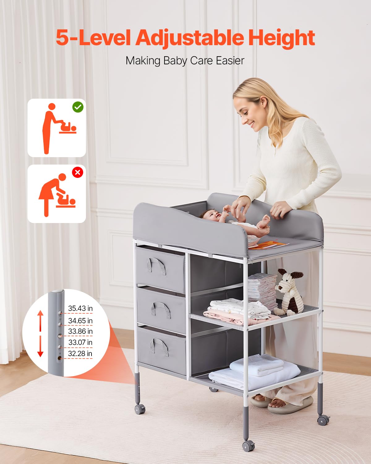 VEVOR Table à Langer Portable, Plan à Langer avec 3 Tiroirs en Tissu et Roulettes Verrouillables, Meuble pour Bébés Multifonctionnel avec Rangement, Hauteur Réglable, pour Chambres d'Enfant, Gris