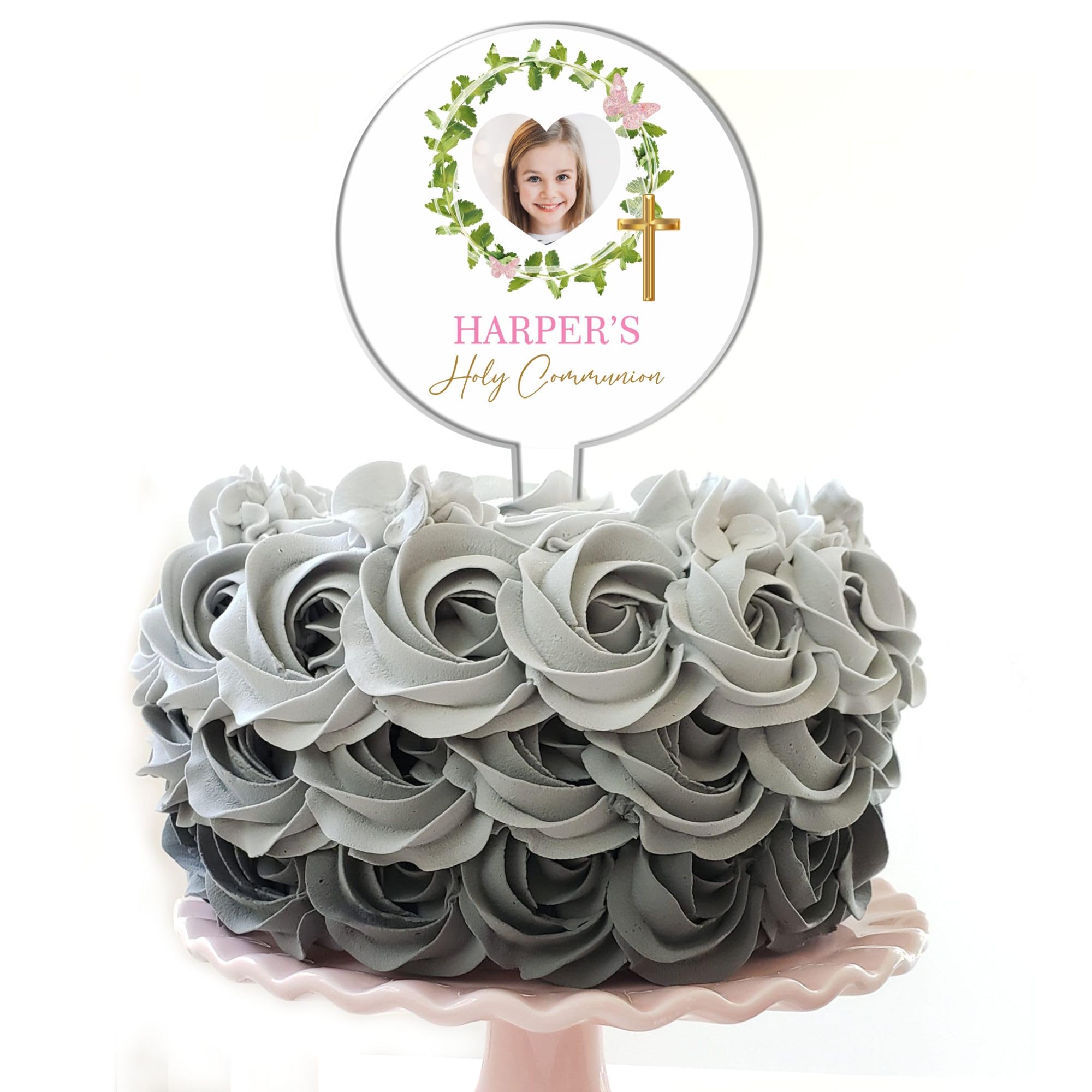 Personalised Photo Acrylic Cake Topper for Christenings, Holy Communions & Confirmations – Custom Child’s Name & Photo with Floral Wreath Designs (Holy Communion, Green Wreath Pink Butterfly)