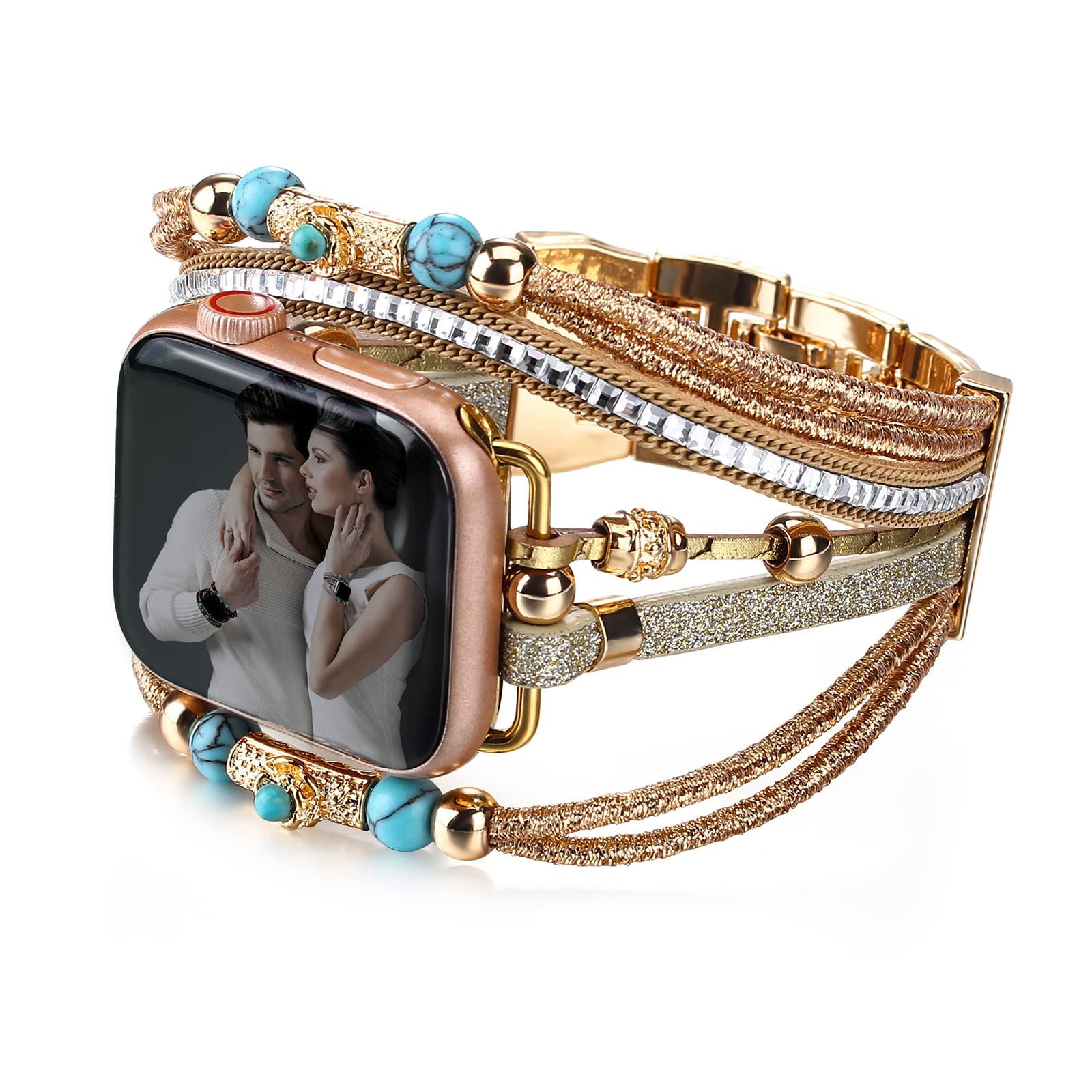 CHARMINGO Boho Leather Wrap Bands Compatible with Apple Watch Band Bracelet for Women Men 42mm/44mm/45mm/49mm