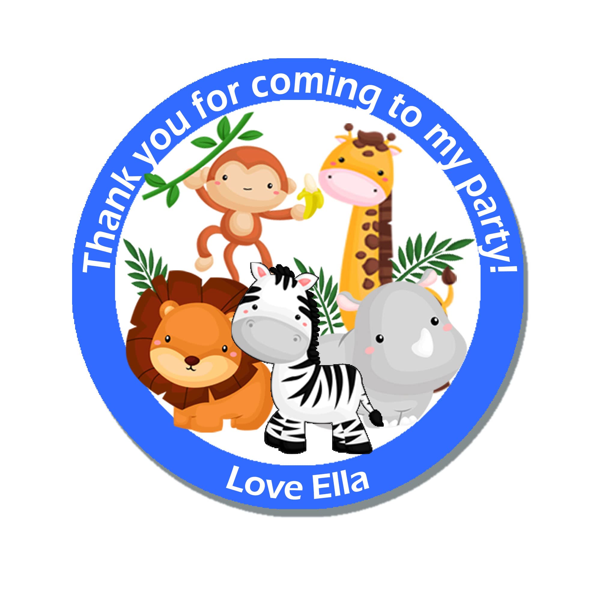 24 x Personalised Jungle Animal Birthday Gift Stickers - Thank You, Favour, Birthday, Party, Themed Event (D1 Navy)