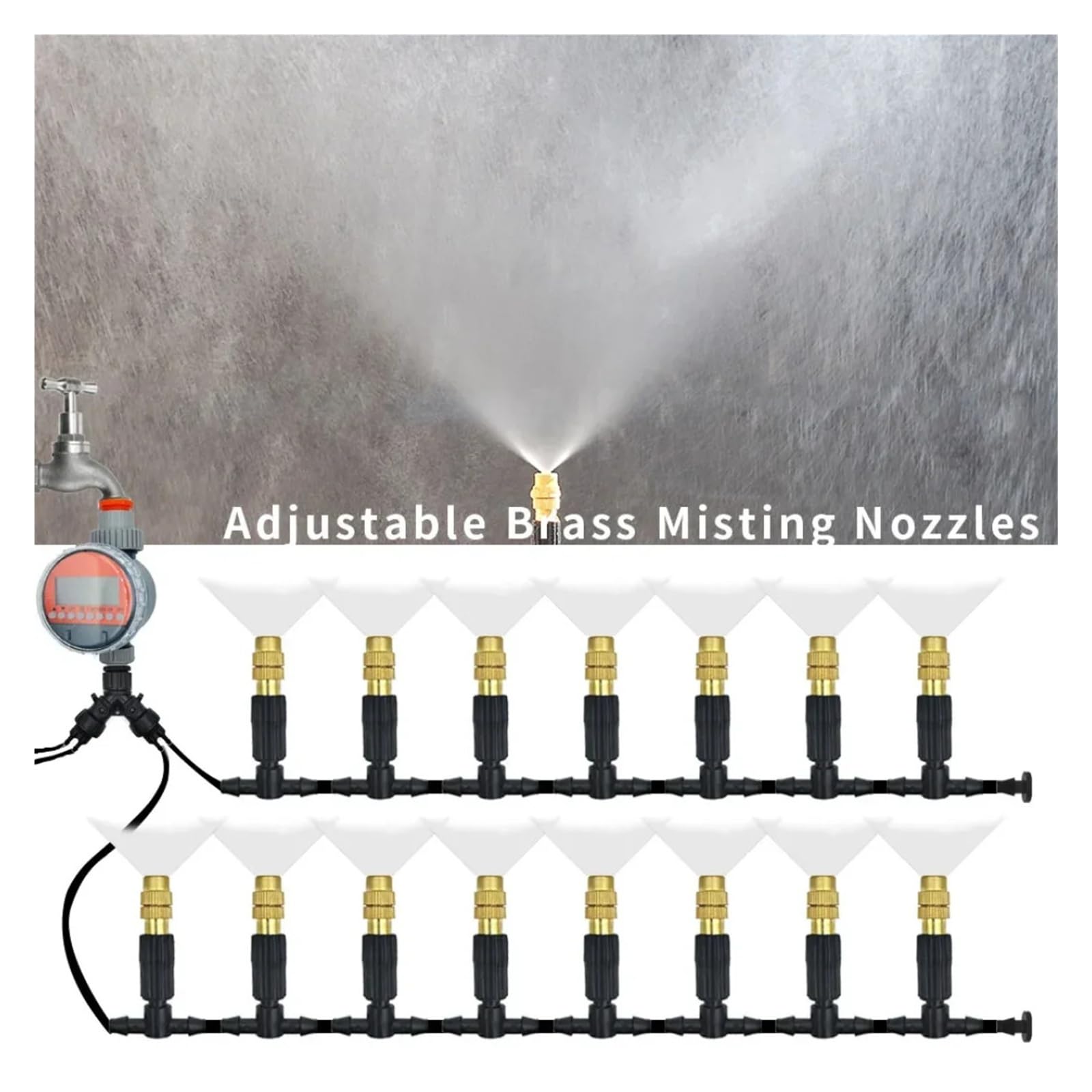 Sistema di raffreddamento a nebulizzazione 5-30M Tubo da giardino con ugello in ottone da 1/4". | Ugelli nebulizzatori in ottone per il raffreddamento di terrazze e serre. (KIT001-30M)