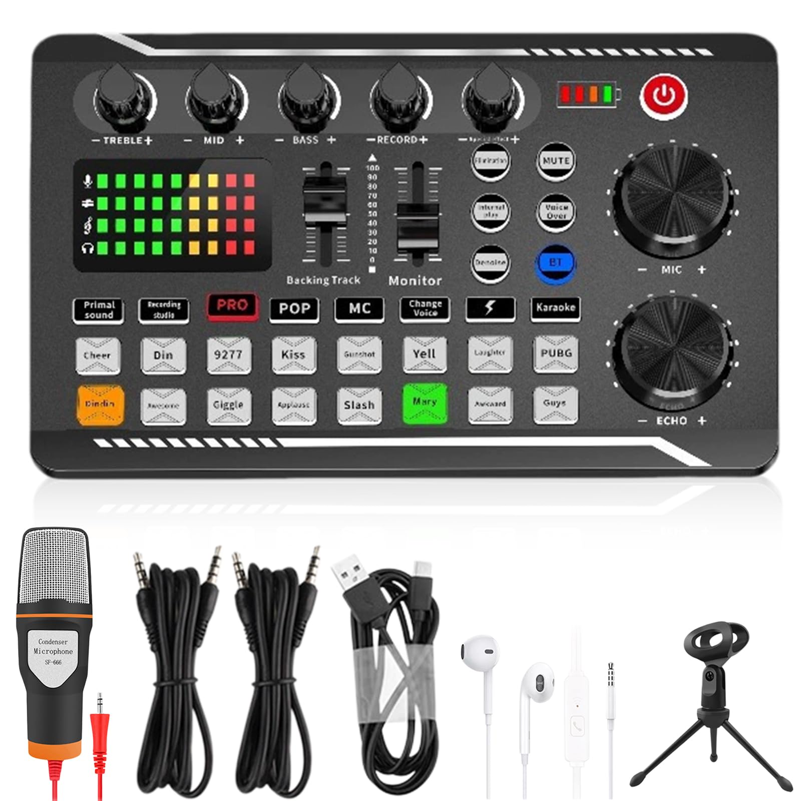 Podcast Equipment Set, F998 Live Sound Card Audio Mixer con interfaccia audio e microfono a condensatore, scheda audio live con effetti mixer DJ, effetti sonori, Voice Changer per streaming YouTube