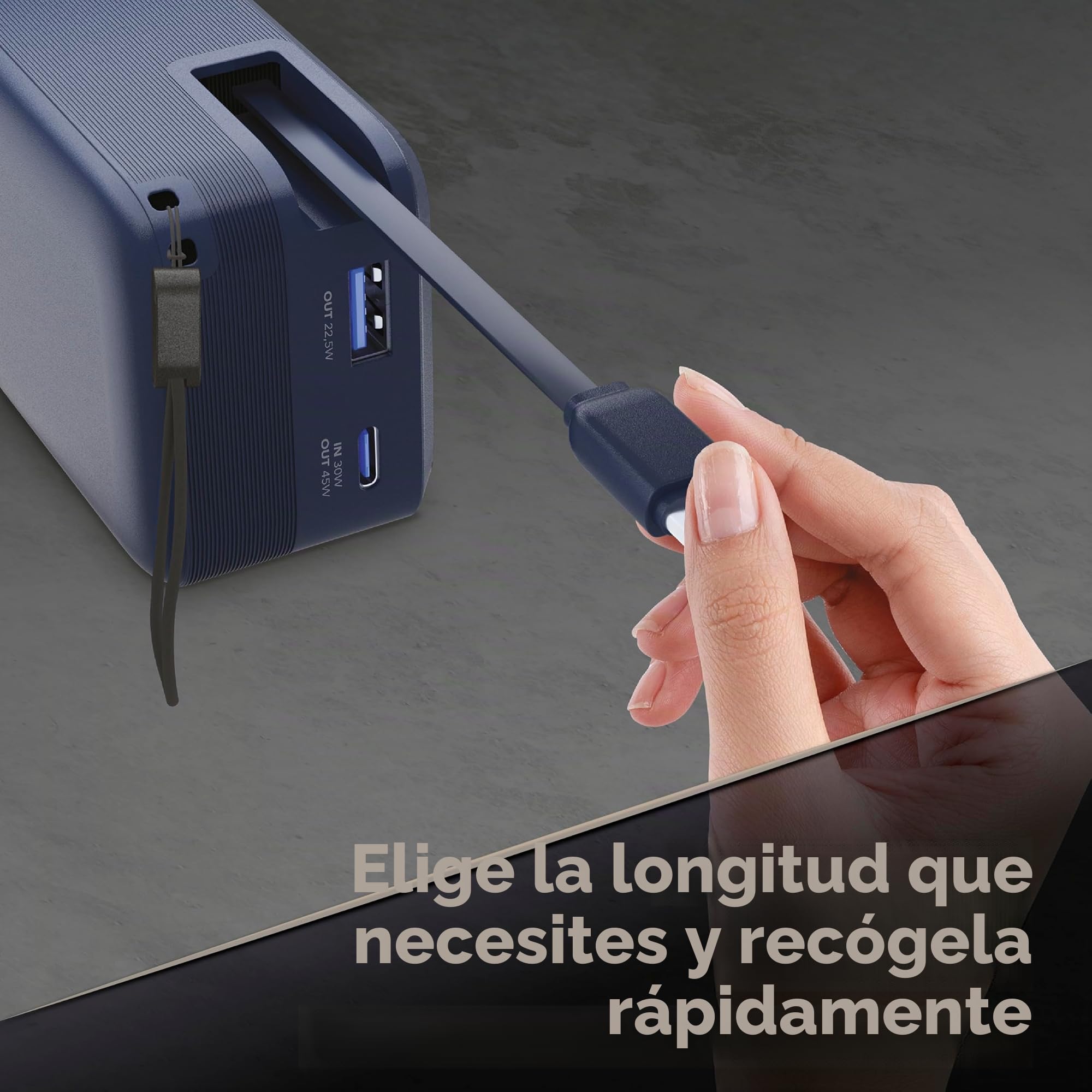 Cellularline batería Externa Roller 10.000 mAh con Carga rápida de hasta 45 W, Cable USB-C retráctil de 70 cm, Pantalla LCD, Carga simultánea para 3 Dispositivos, Negro