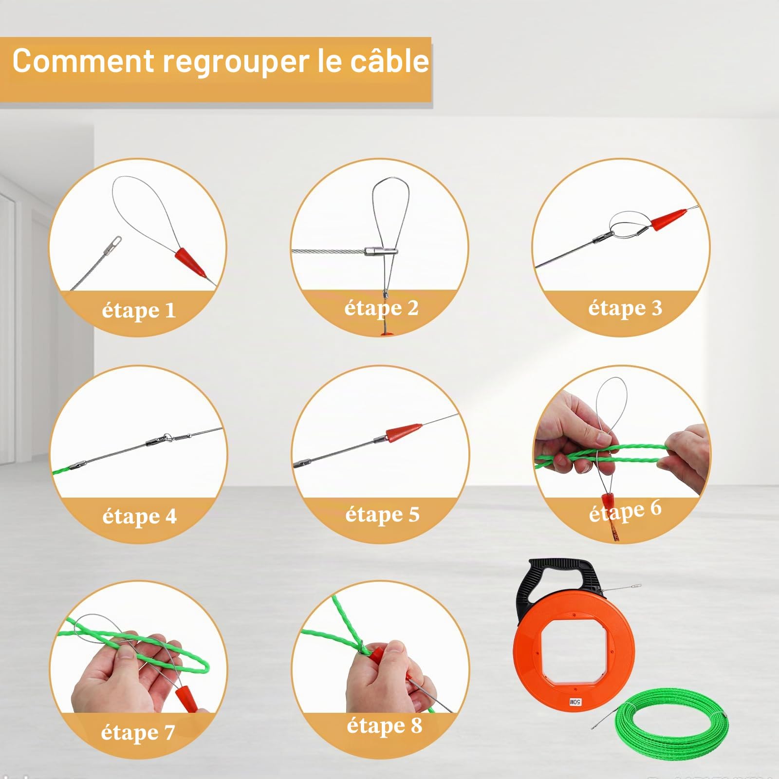 Gekufa Aiguille Electricien 50m, 4,5mm DiamèTre, tire cable avec boîtier et poignée en plastique, aiguille tire fil avec 2 ressorts de guidage, Aide à l'enfilage des câbles pour la pose de câbles