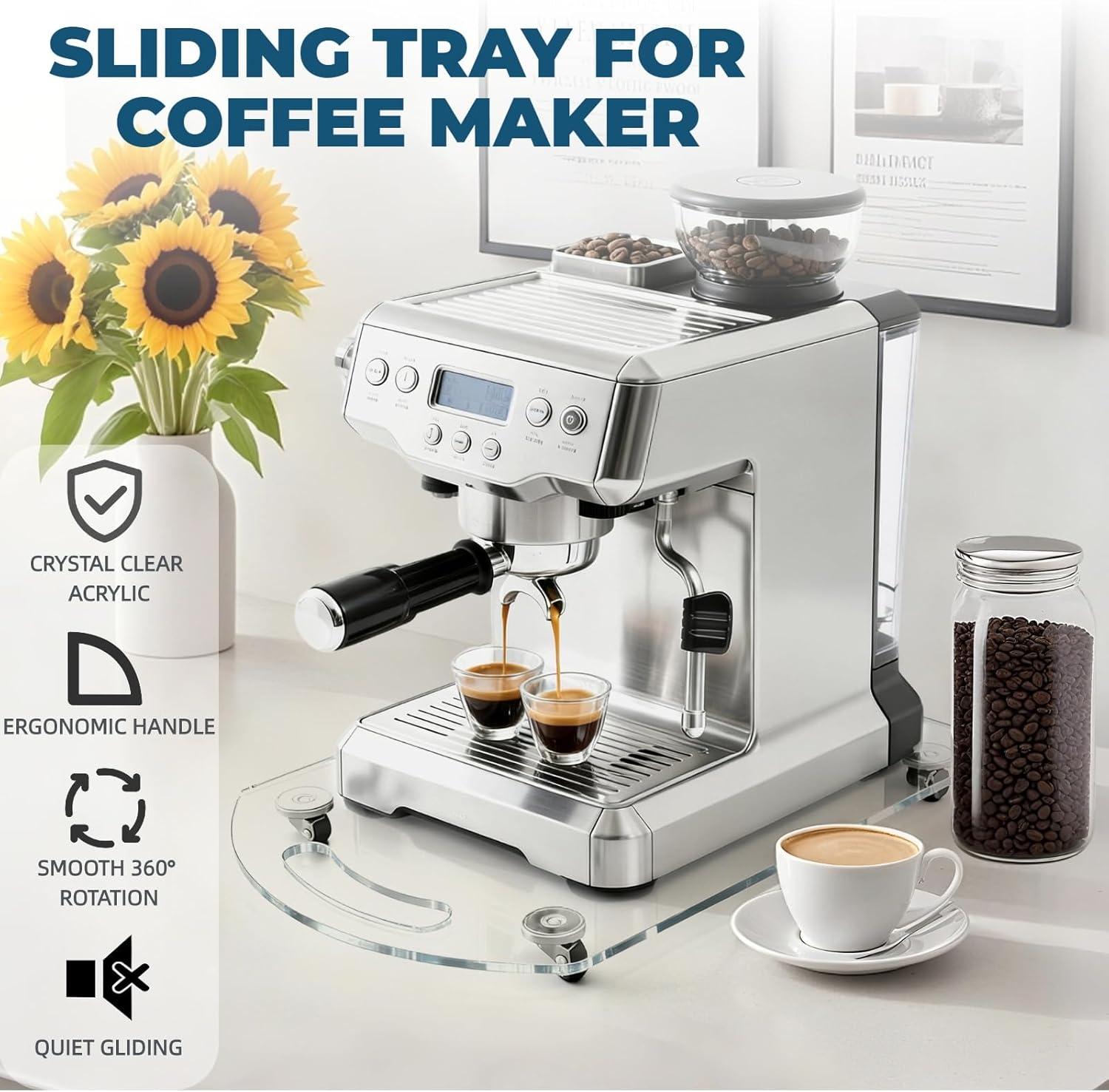 BiJun 360° Rolling Sliding Tray for Coffee Maker, Clear Acrylic Appliance Sliders for Kitchen Appliances, Coffee Pot Slider Tray for Countertop Appliances, Espresso Machines, Blenders (10"x14")