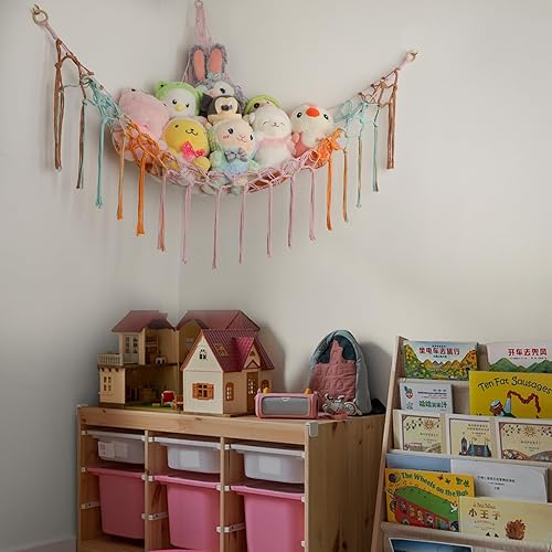 Miniatura 5 de Hamaca de Esquina para Animales de Peluche, Red Grande Tejida a Mano para Hamaca de Juguetes de Peluche con Anillos de Madera | Almacenamiento Boho