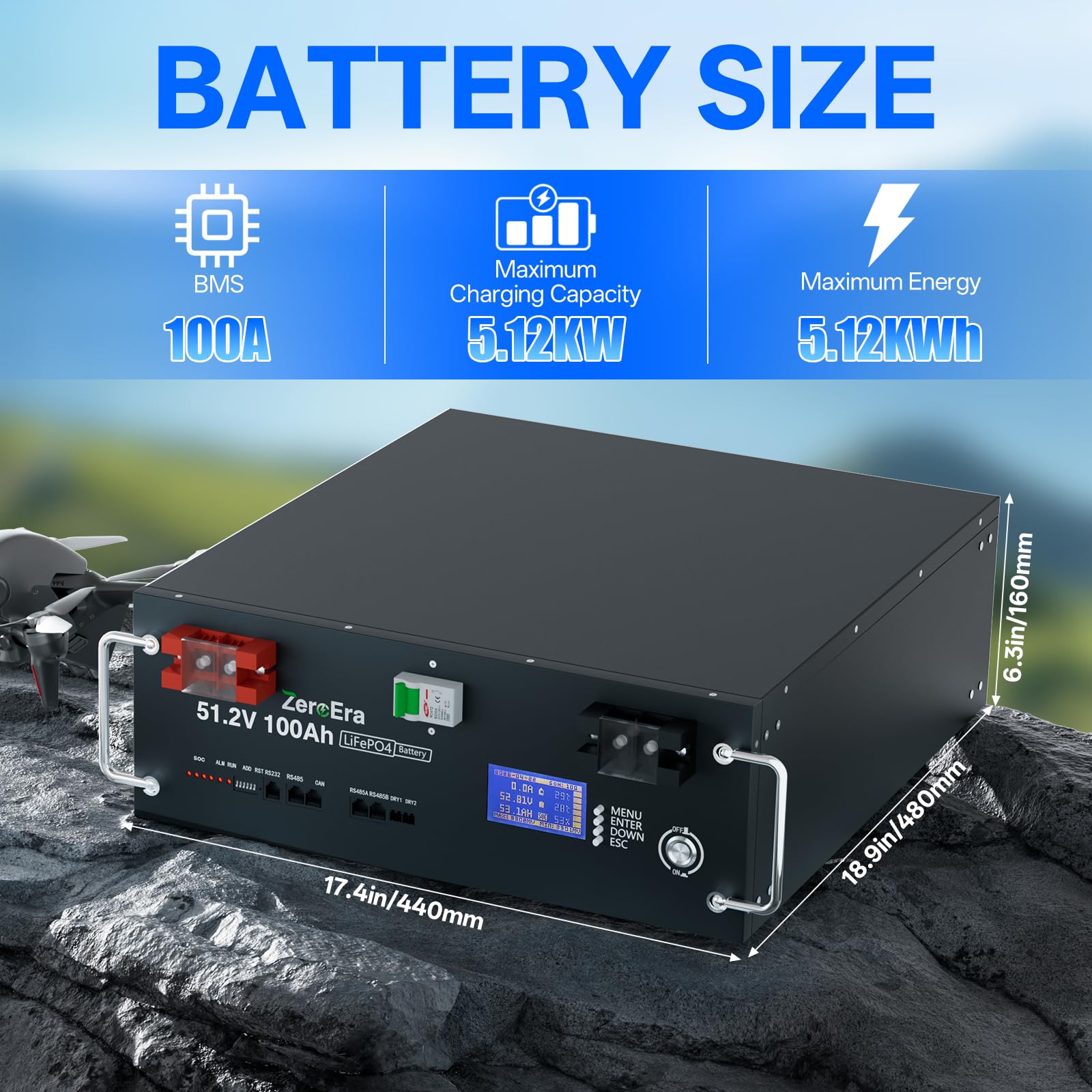Akumulator LiFePO4 48V 100Ah,Akumulator 5,12 KWh Szafy Serwerowej 3U,BMS 100A,Inteligentny Wyświetlacz,RS485/CAN,Ponad 15000 Cykli Głębokiego Rozładowania,Obsługa Komunikacji z Falownikiem (5 * 48V)