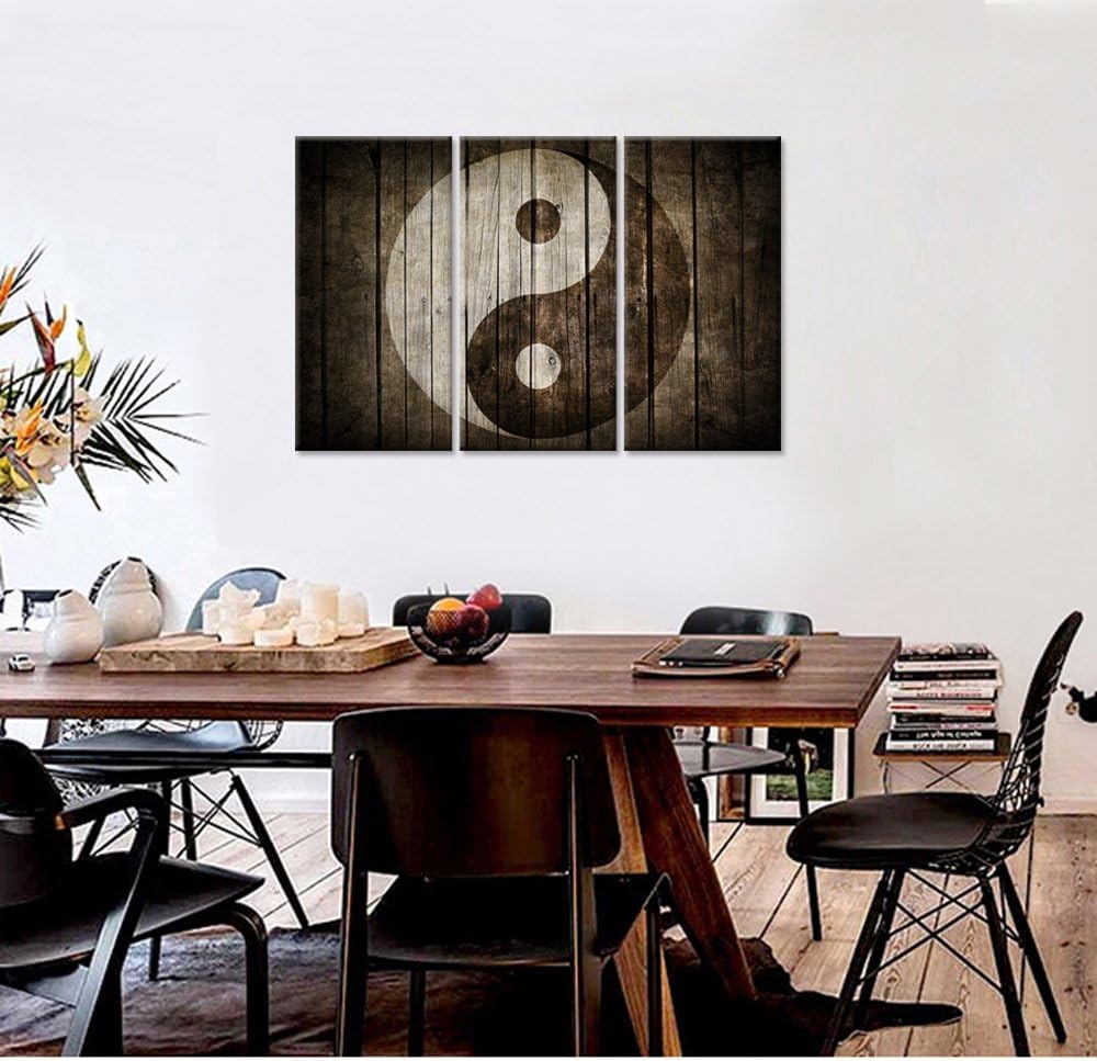 iHAPPYWALL Vintage Yin Yang Wall Art Brown Symbol Rustic Wood Painting Chinese Religion Picture for Home Living Room Ready to Hang