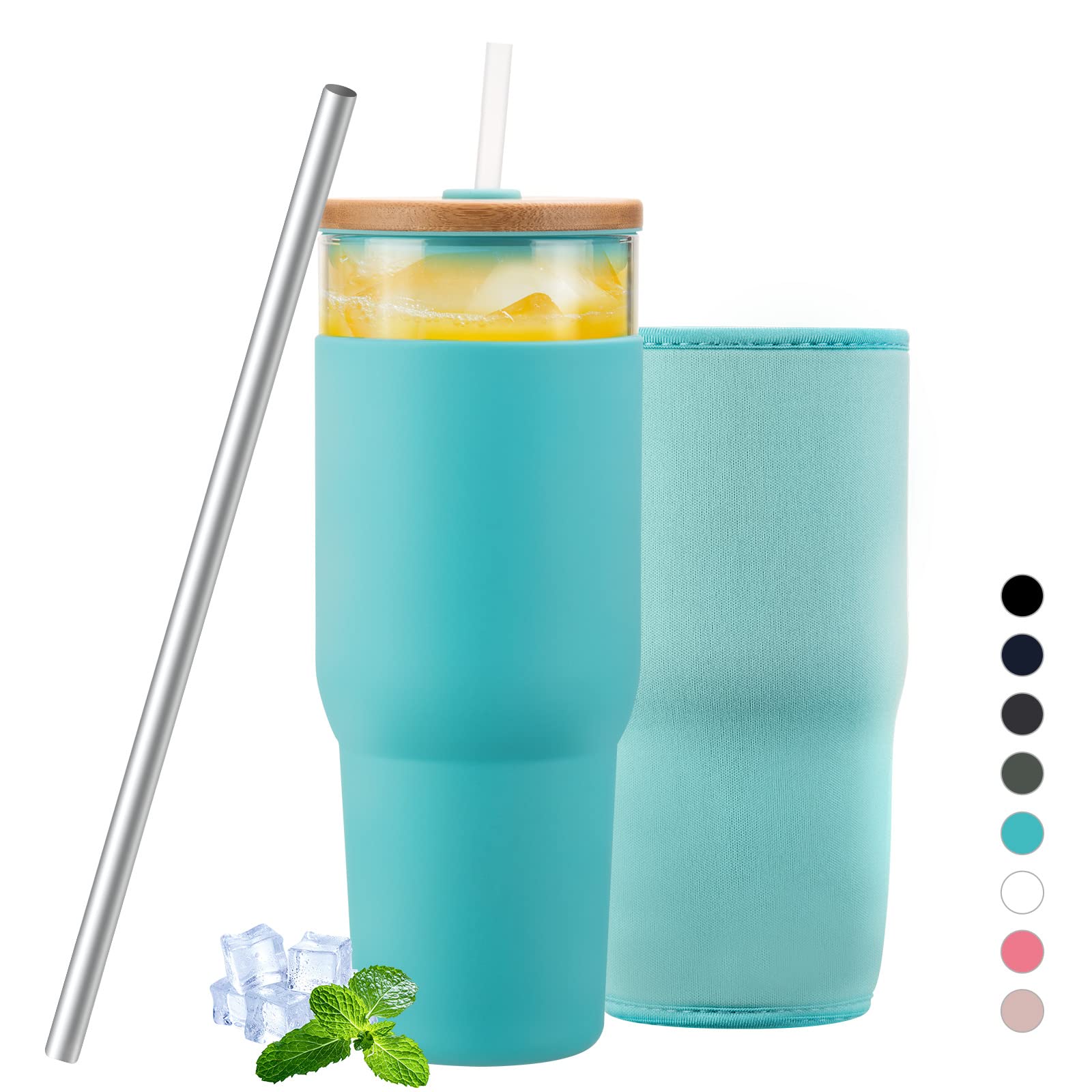veegoal 32oz Glass Tumbler with Straw and Lid, Smoothie Cup To Go for