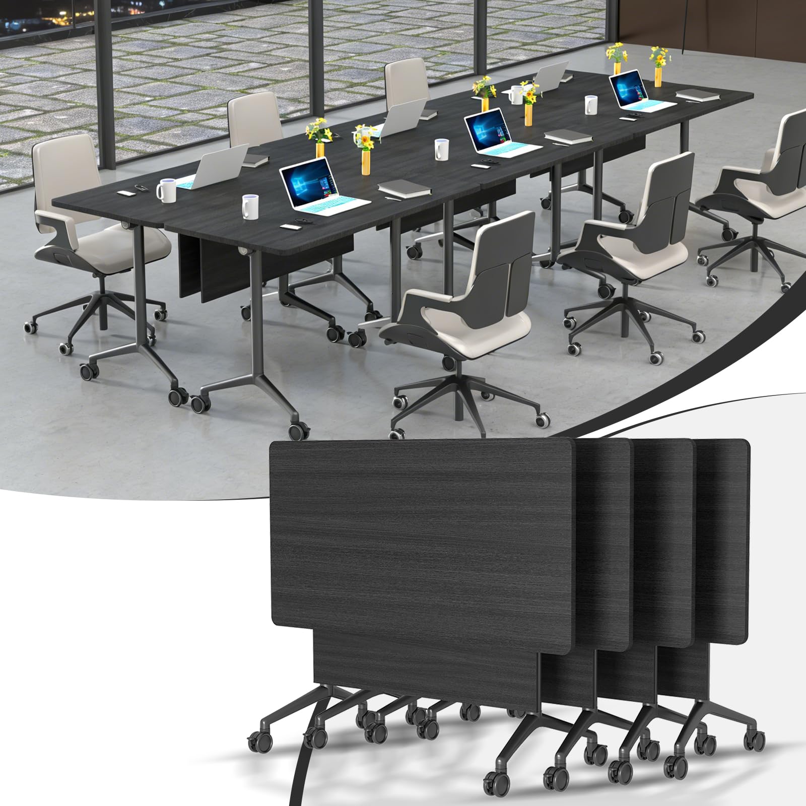 Folding Conference Tables,Flip Top Conference Room Table Mobile Training Tables for 8-10 People,Meeting Table with Silent Wheels for Office Seminar Classroom Tables(8,Ebony,62.9in)