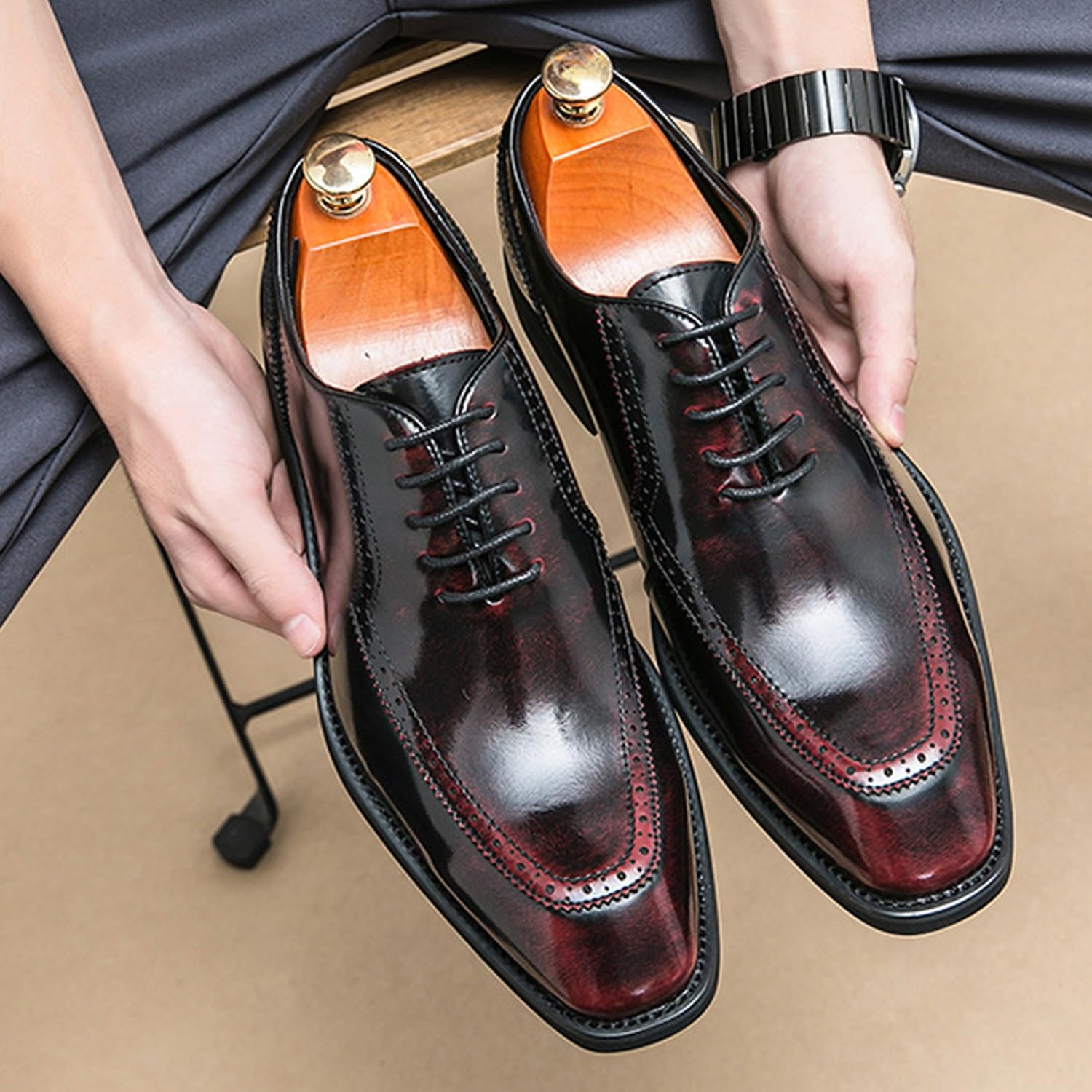 Scarpe da uomo con lacci Oxford punta quadrata Brogue in pelle vegana comoda vestibilità per matrimonio aziendale festa formale