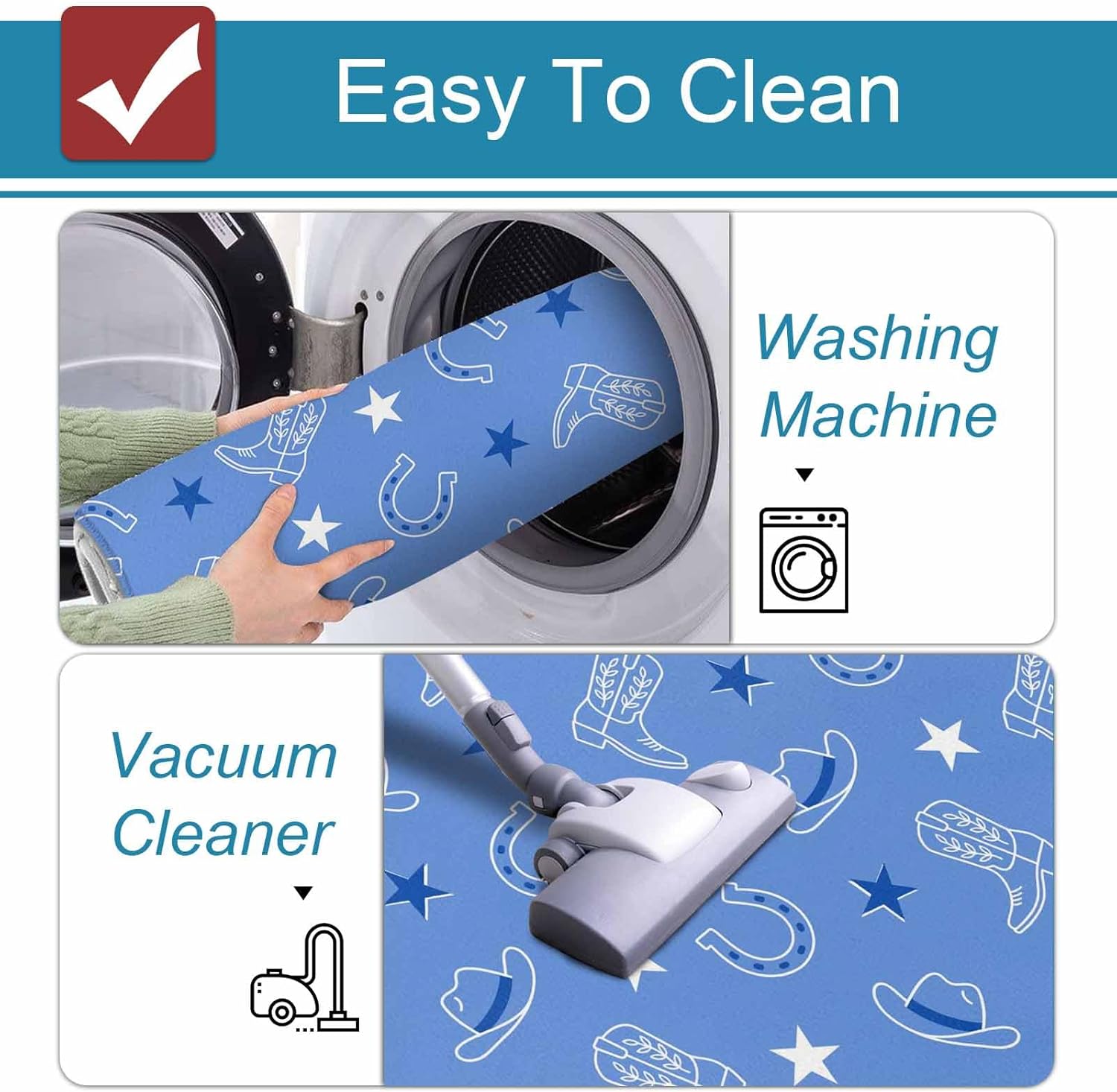 Prime Leader Country Style Kitchen Mat Set 2 Pieces Western Horseshoe Boots Cowboy Hat Stars Blue Non Slip Kitchen Rugs Washable Runner Rug Mats for Sink Laundry (15.7" x 23.6"+15.7" x 47.2")