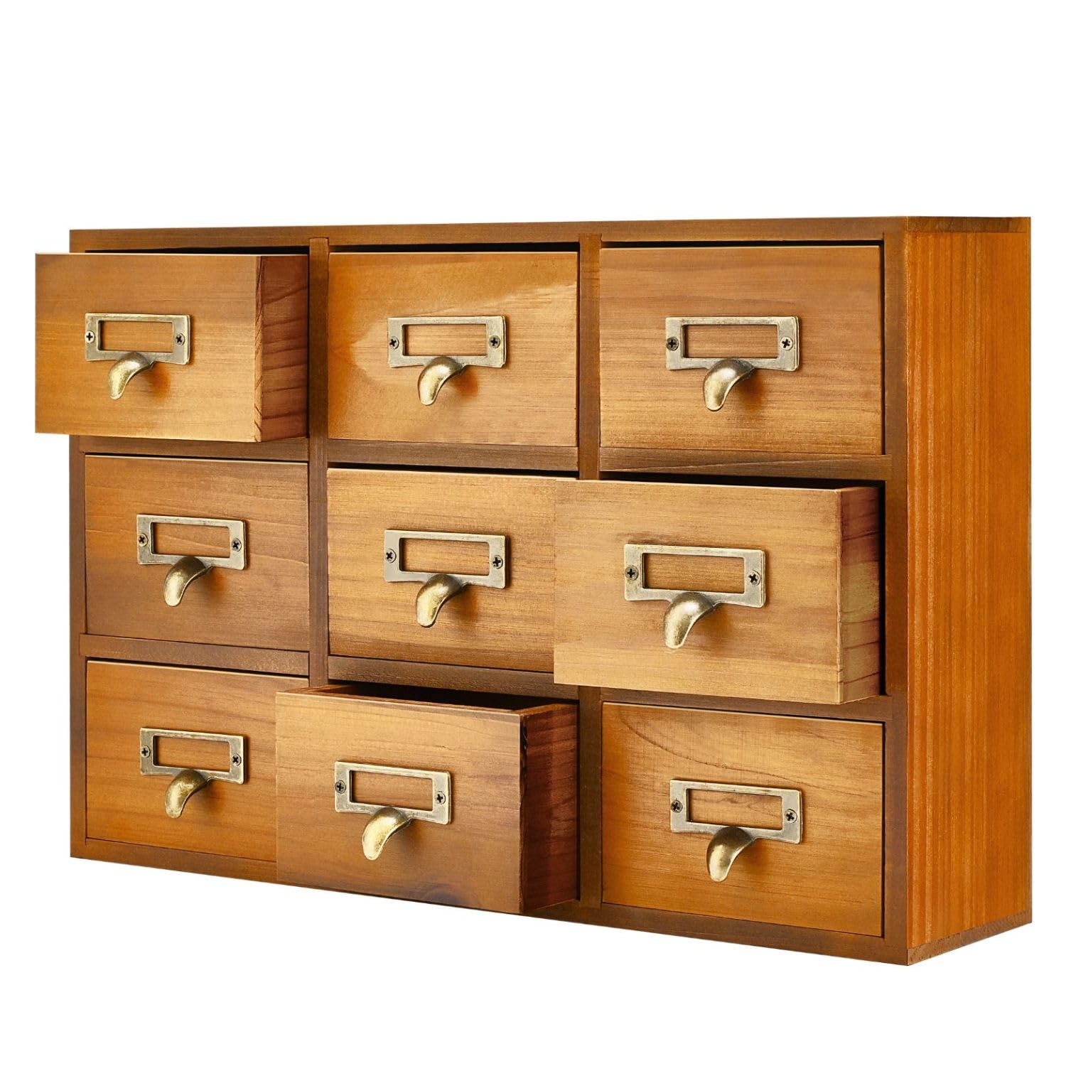 Flexzion Brown Apothecary Cabinet With Drawers - 9 Vintage Drawers, Card Catalog Cabinet, Wooden Tabletop Desktop Organizer For Home Office, Jewelry, Makeup, Tools & Small Item Storage