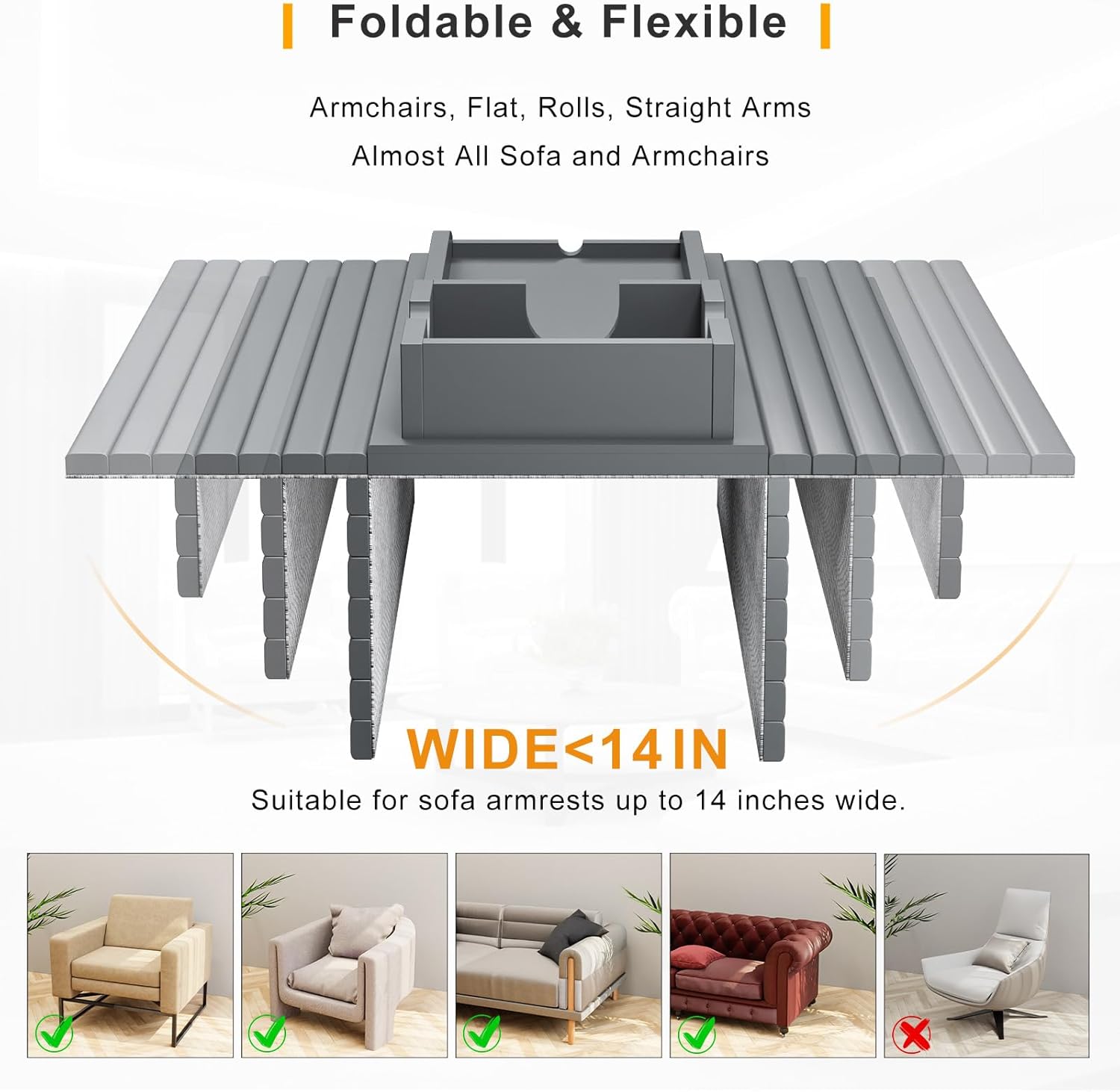 Bamboo Couch Armrest Table, Sofa Arm Tray with Detachable Couch Cup Holder- 2 in 1 Anti-Slip Foldable Sofa Armchair Caddy Table for Drinks Cellphone TV Remote Snacks (Gray)