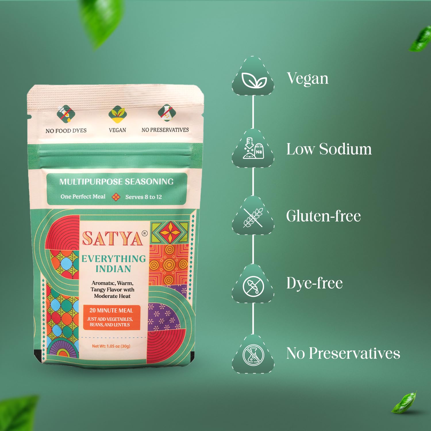 Satya Everything Indian Masala Mix Multipurpose Seasoning Powder– 1.05 oz Sachets (Pack of 5 – 150gm) Aromatic Indian Spices for Vegetables, Beans & Lentils Vegan, Gluten & Dye Free, Low Sodium 30g Each