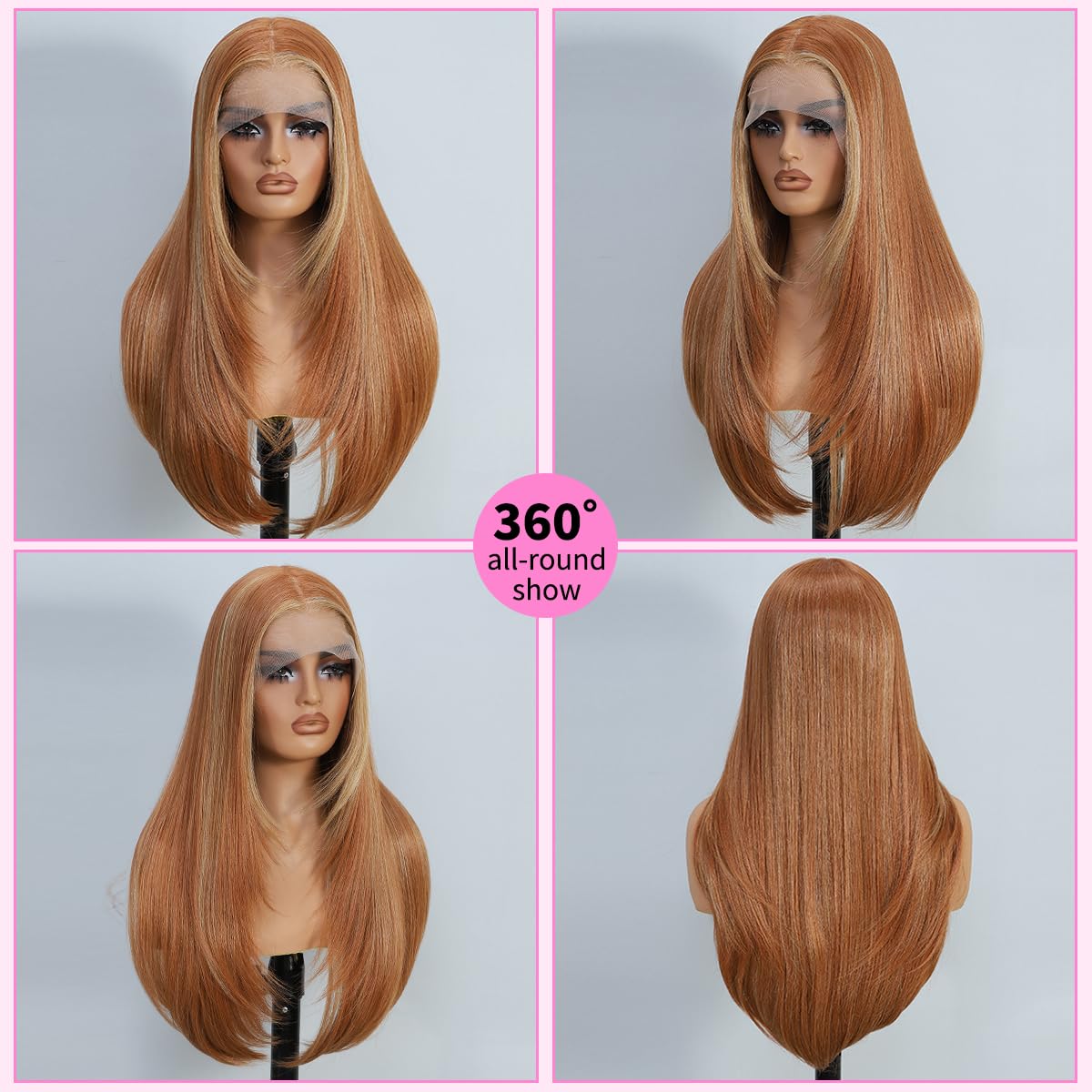 Synthetic Lace Front Wigs Pre Plucked 13x4 Lace Skunk Stripe Blonde Ginger 26 Inch Long Layered Straight Wigs For Women 100% Futura Fiber Ready to Wear Glueless Wig With Bangs Daily Party Use