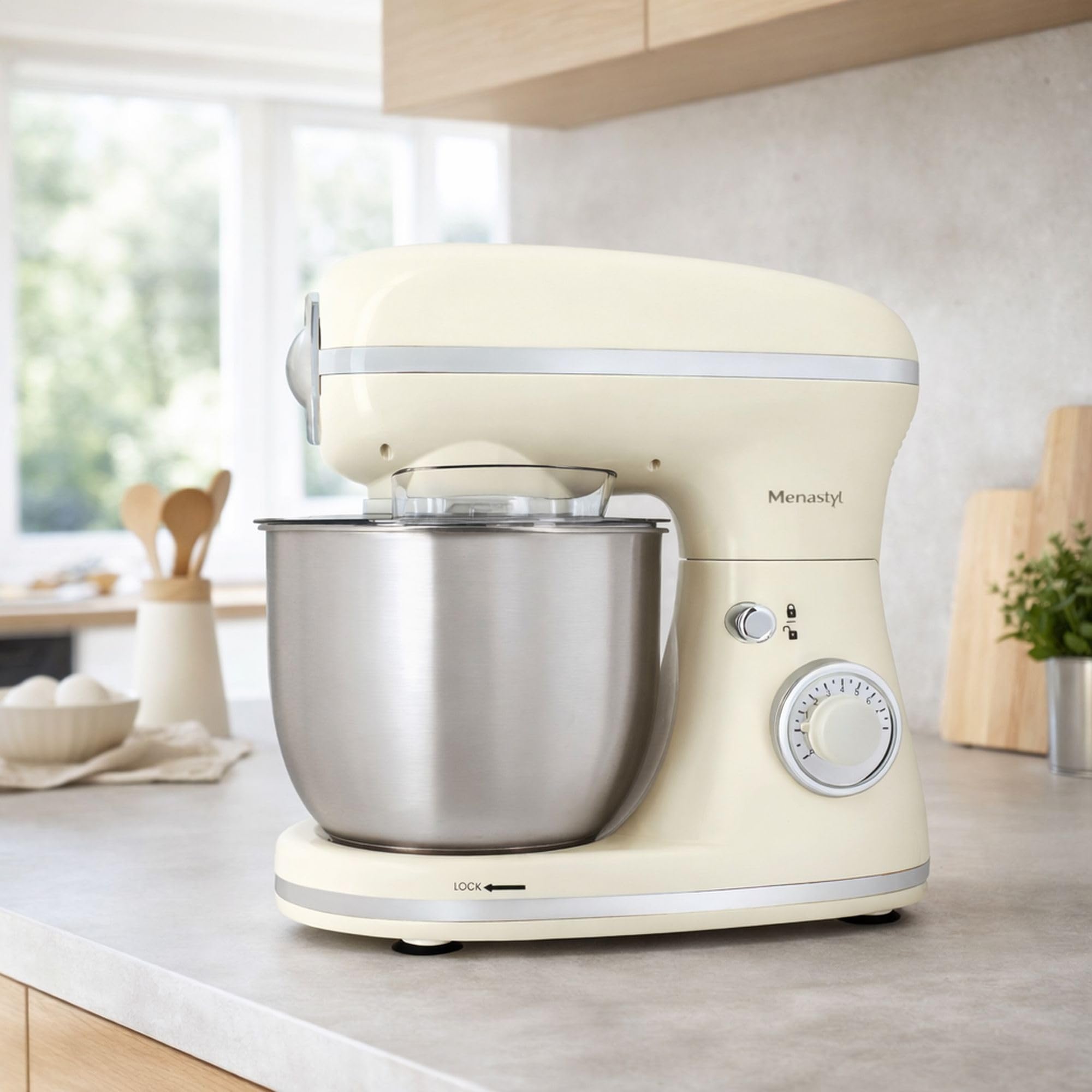 MENASTYL - Robot pâtissier rétro en polypropylène et acier inoxydable – 1300 W, Bol 5 L Inox, 8 Vitesses + Pulse, Batteur et Crochet Pétrisseur, Couvercle Anti-Éclaboussures - Crème - 6025100