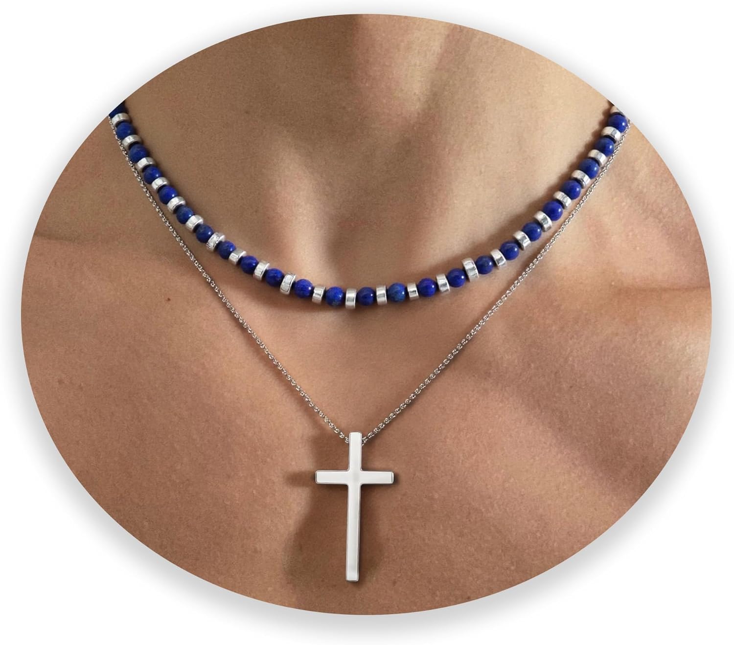 2PS Cross Necklace for Men - Black Obsidian Necklace - 6mm Healing Crystals Beaded Choker Necklace Stainless Steel Cross Pendant Jewelry Gifts for Men