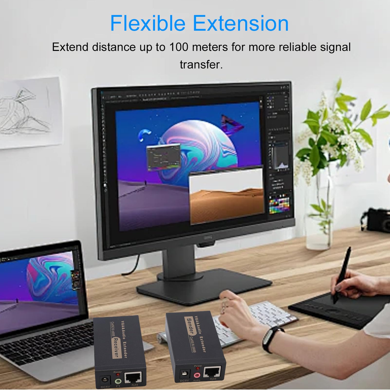 Tosuny VGA Extender su Cavo Singolo Cat5/Cat6 Fino a 100m, 1920x1440@60Hz Supporto di Risoluzione per PC Laptop DVR, Plug And Play Video Booster per la Configurazione di Intrattenimento (Black)