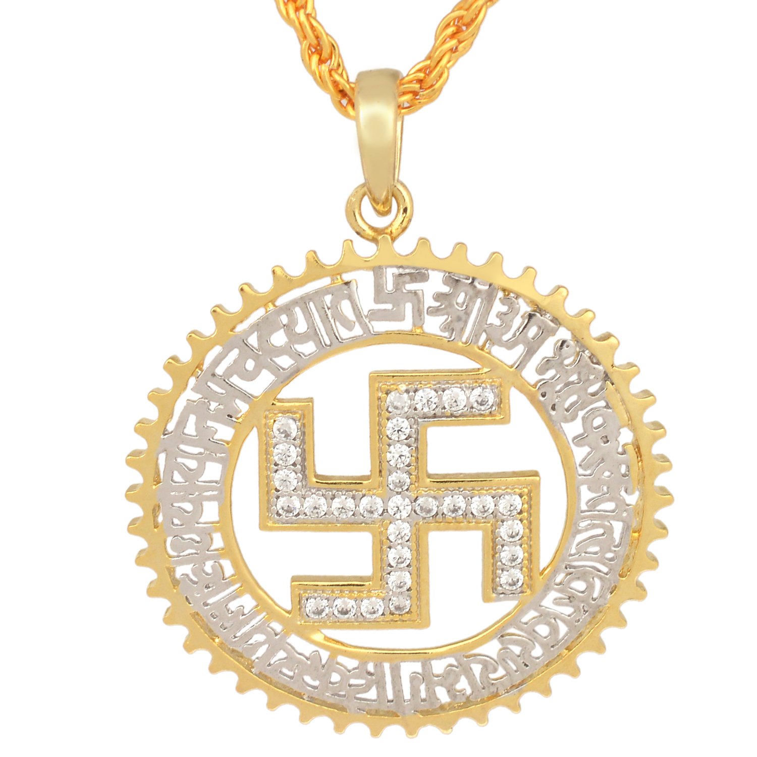 Swastik & Gayatri Mantra Pendant, Embellished with Cubic Zirconia (CZ) Diamonds - Ideal Spiritual Hindu temple Jewelry (SST4383PDDF)