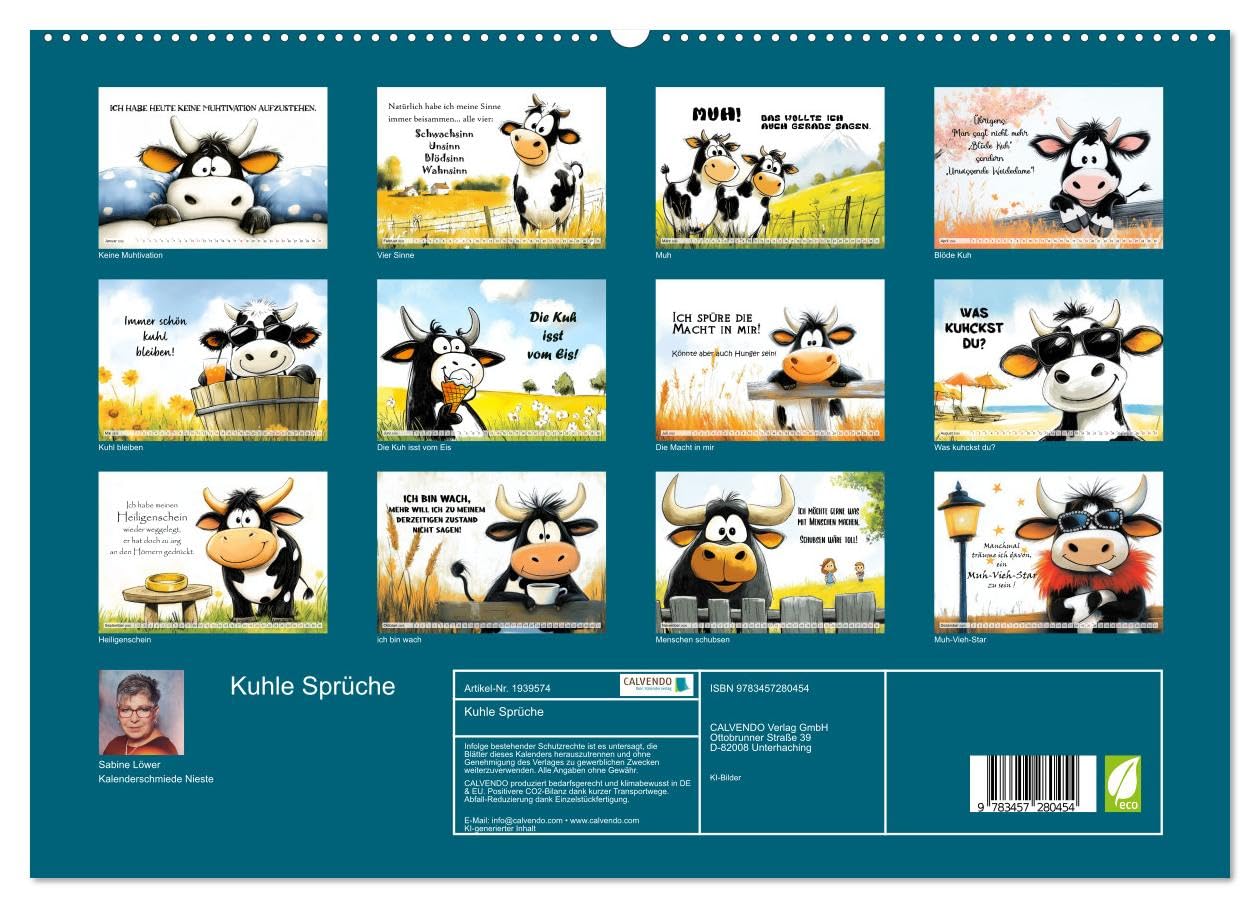 Kuhle Sprüche (hochwertiger Premium Wandkalender 2026 DIN A2 quer), Kunstdruck in Hochglanz: Humor rund um Rindvieh, Kuh und Stier (CALVENDO Spass)