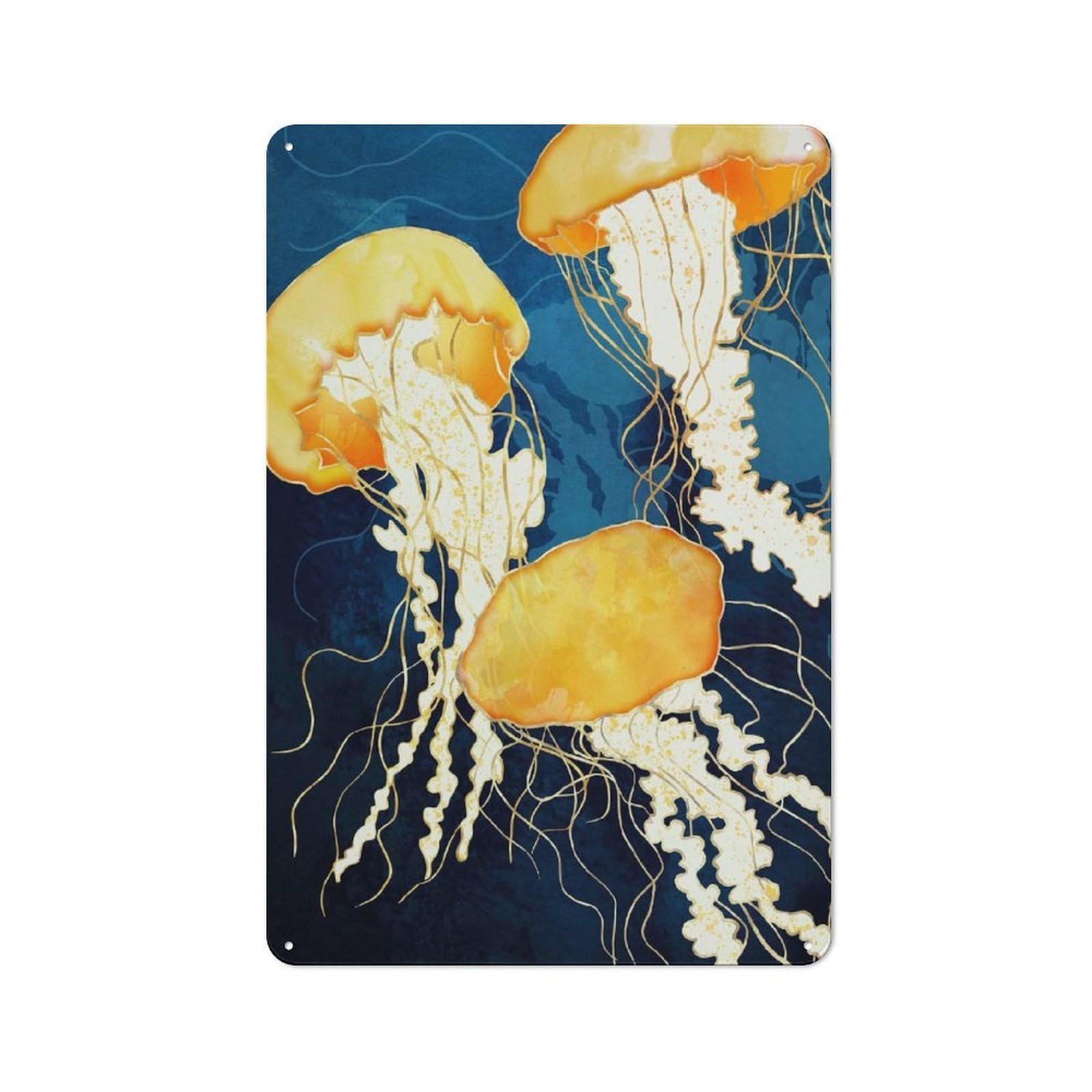 Junmoney Style-3 Metal Wall Sign 30X20cm Featuring Yellow Metallic Jellyfish For Hallway Wall, For Hallway Decor Lovers, For Retro Home Interiors
