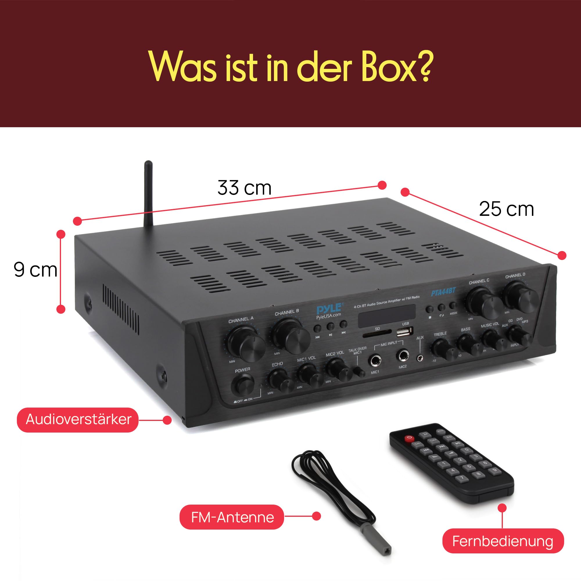 Pyle 500W- Bluetooth Verstärker, Mini Verstärker, Amplifier, Stereo Receiver- 4 Kanal AUX, FM- Radio, RCA- Subwoofer, USB, Mic- Eingang mit Echo, Audio Verstärker- Perfekt für Heimkino & Studio