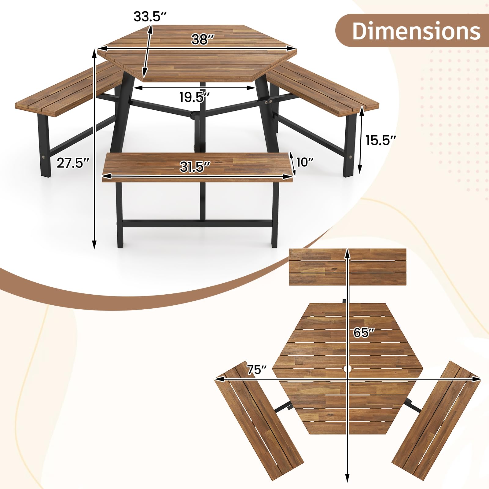 GIANTEX Tavolo da Picnic per 6 Persone, Tavolo da Giardino in Legno di Acacia con Foro per Ombrellone e 3 Panche Integrate, Set da Pranzo Resistente alle Intemperie per Terrazza, Cortile, Giardino