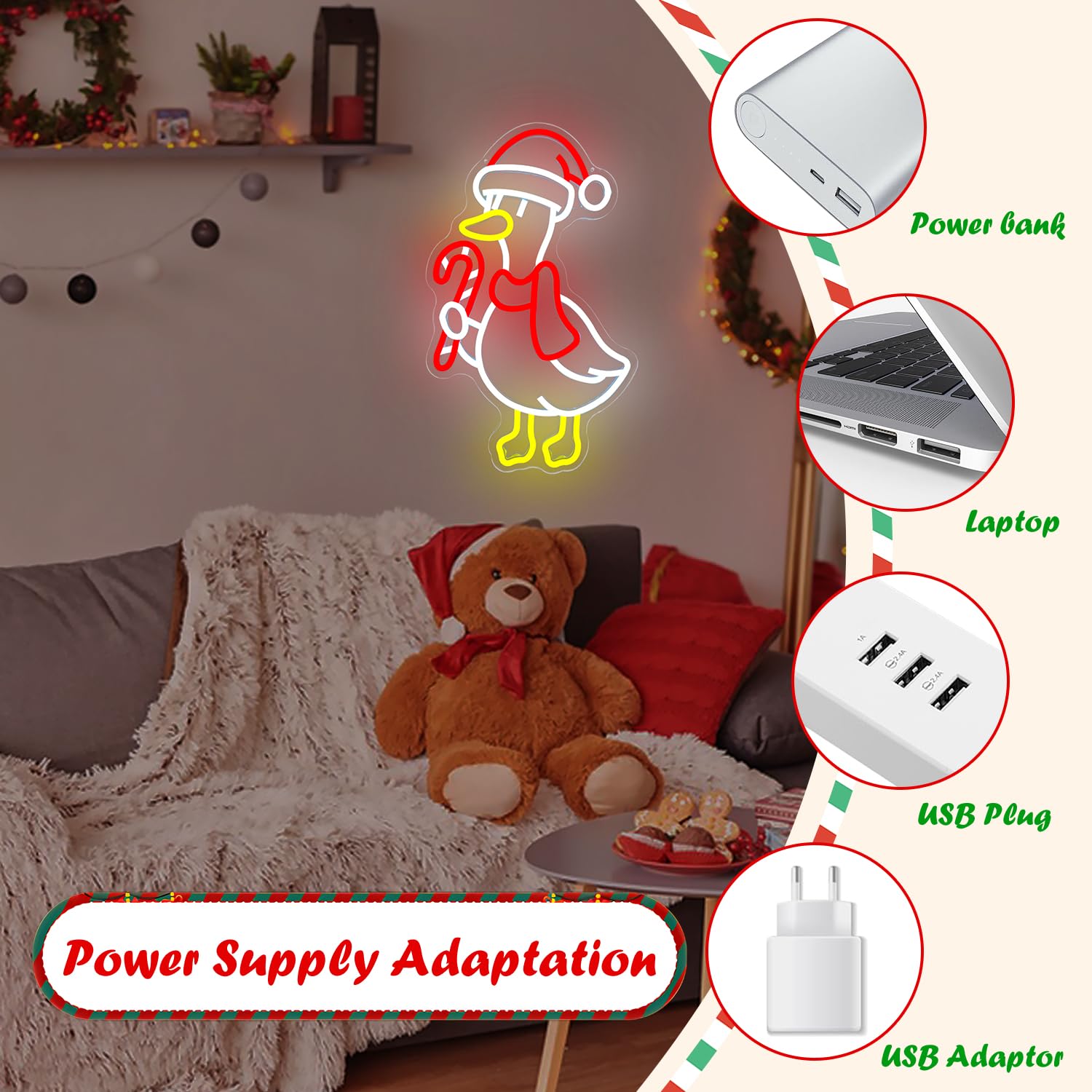 Letrero de neón de ganso de Navidad, letrero de luz de neón para dormitorio, habitación de niños, porche, alimentado por USB, letrero LED de Feliz Navidad, decoración de pared de neón